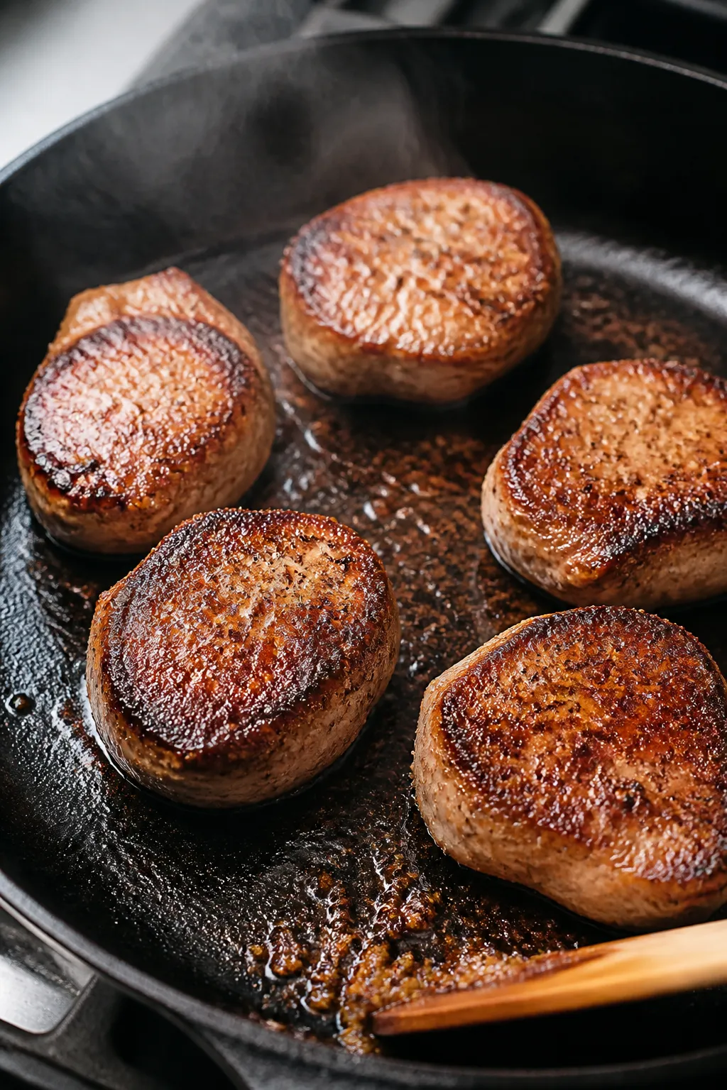 Cooking process, close-up detail: Searing pork tenderloin medallions in a well-seasoned cast-iron sk