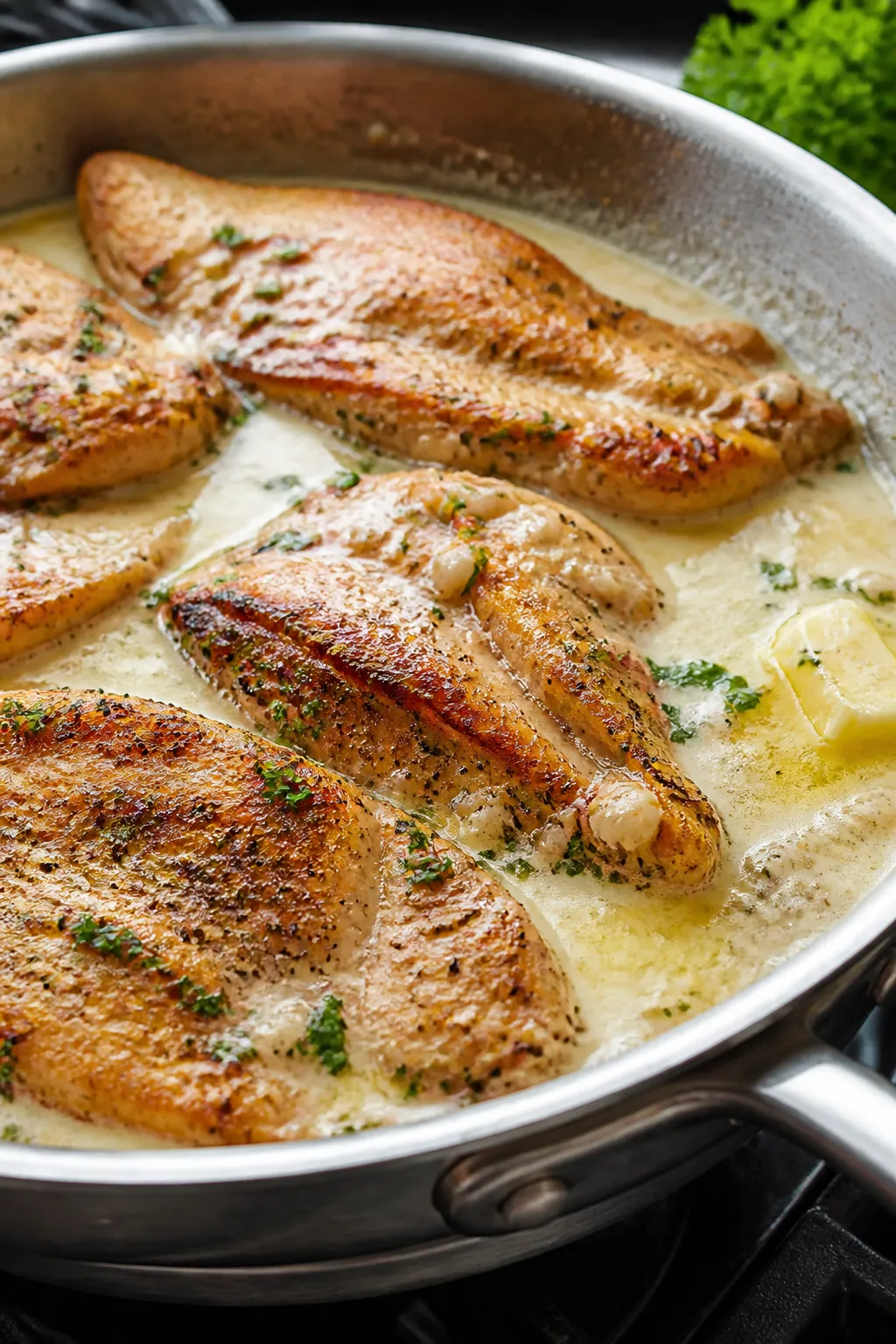 Cooking process, close-up detail: Searing thinly sliced, seasoned chicken in a large skillet over me
