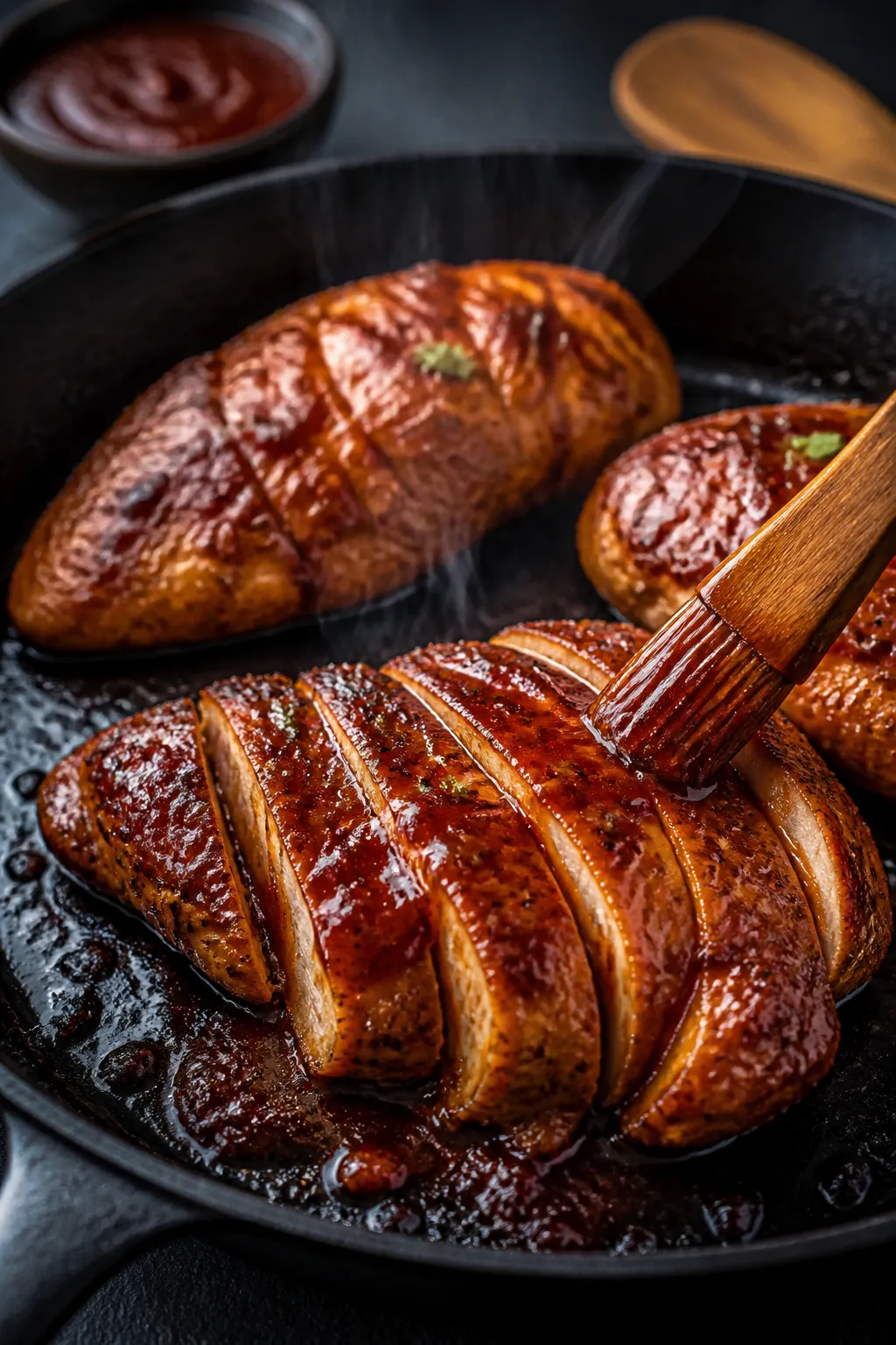 Cooking process, close-up detail: Sizzling BBQ-glazed chicken breasts in a cast-iron skillet over me