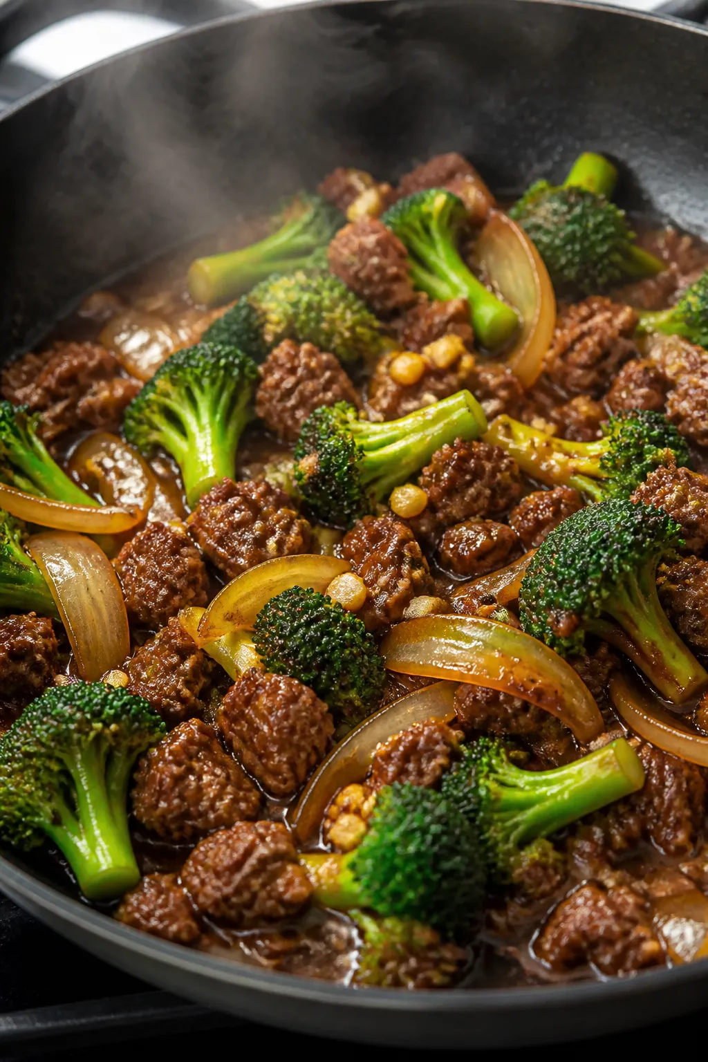 Cooking process, close-up detail: Sizzling ground beef and broccoli stir fry mid-cook in a wide skil