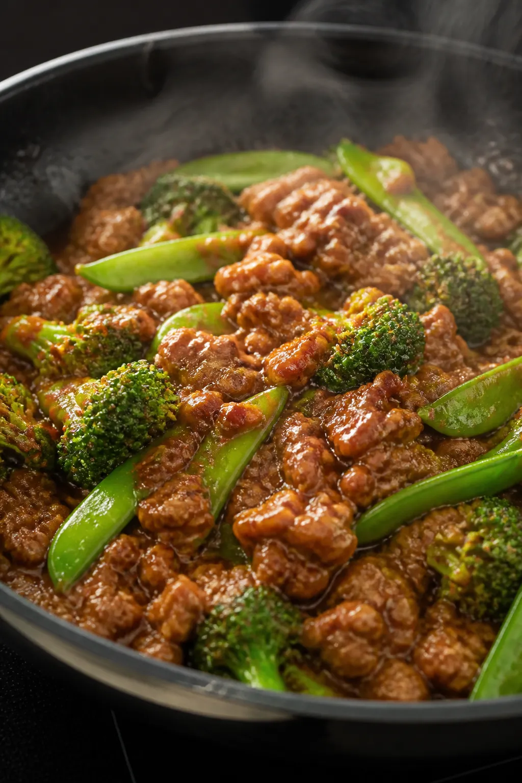 Cooking process, close-up detail: Sizzling ground turkey browning in a large skillet, coated in a gl