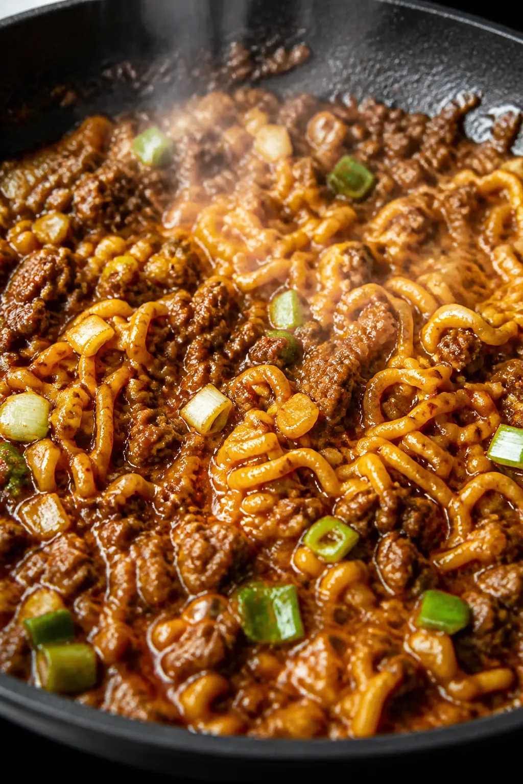 Cooking process, close-up detail: Sizzling Korean ground beef and glossy gochujang-soy sauce bubblin