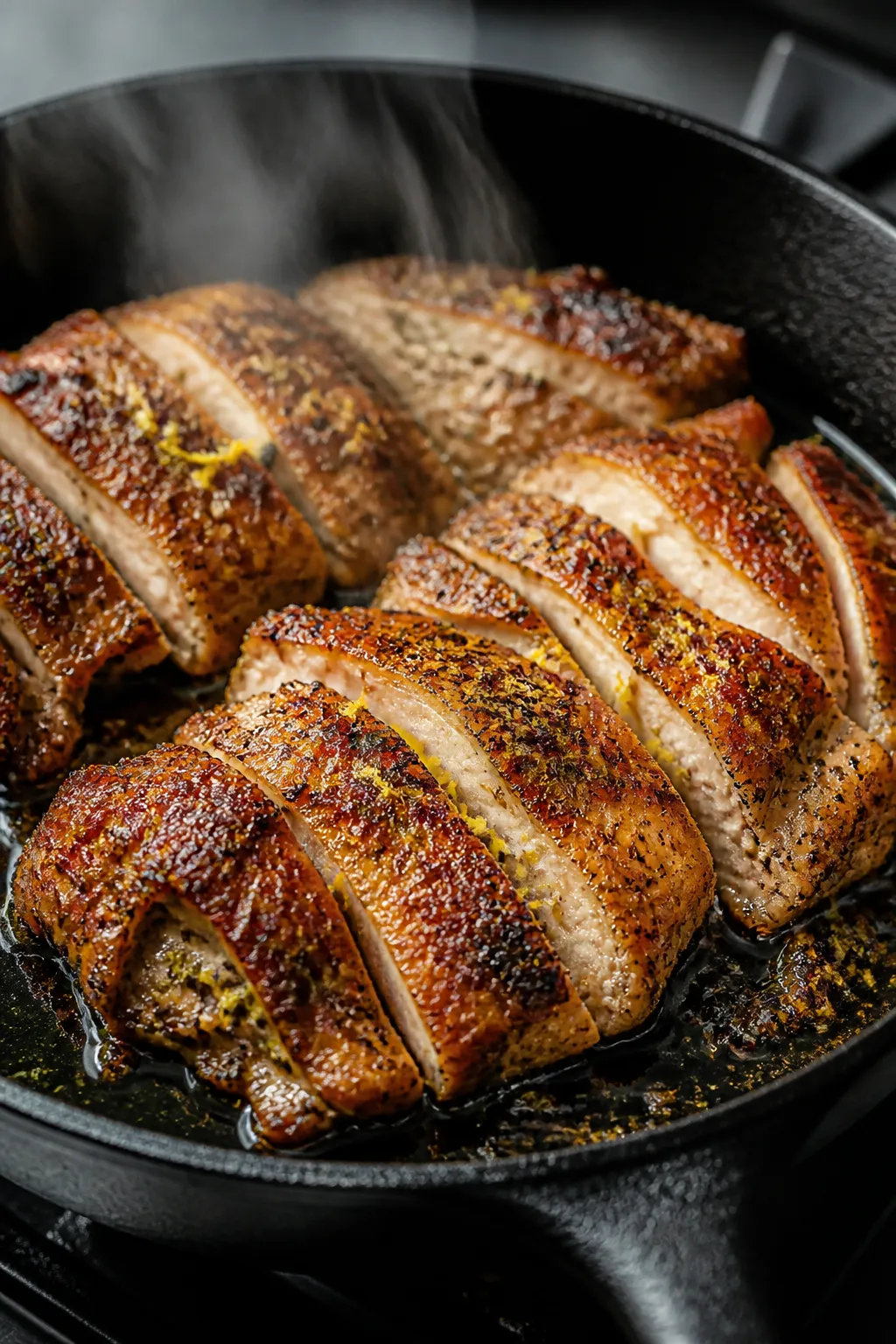 Cooking process, close-up detail: Sliced Greek-marinated chicken thighs searing on a hot cast-iron s