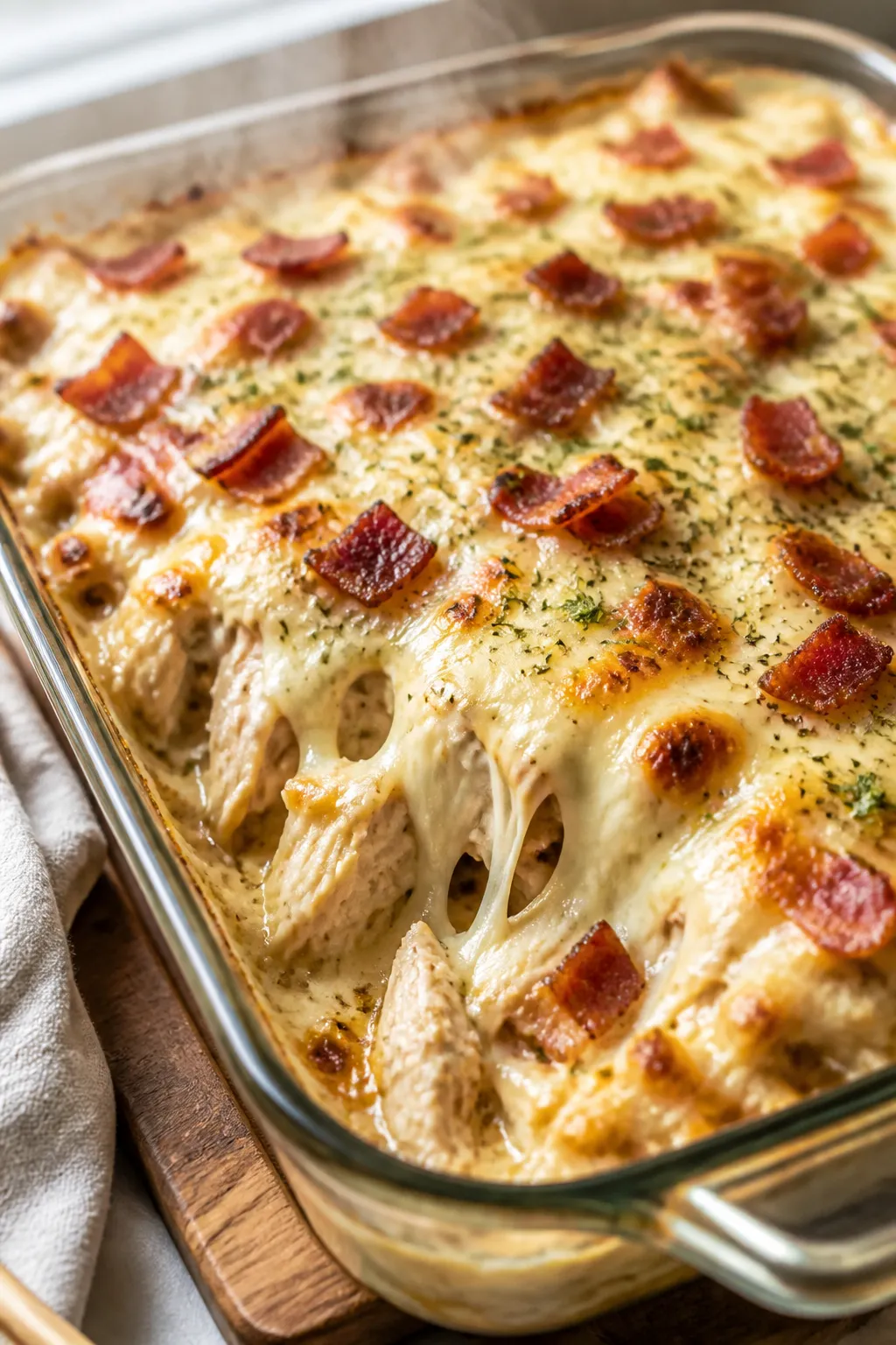 Cooking process close-up: Golden, bubbly Chicken Bacon Ranch Casserole just out of the oven in a 9x1