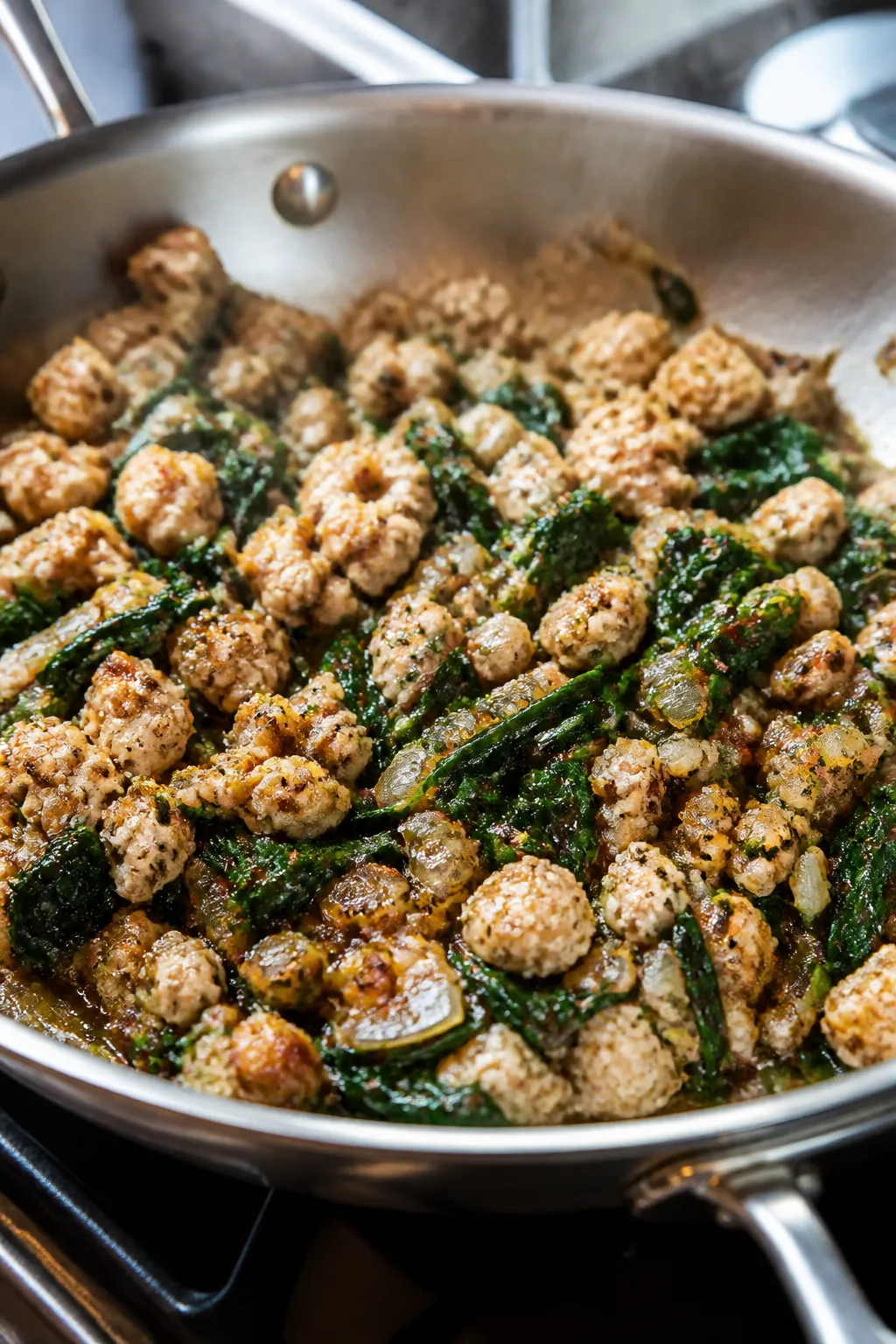 Cooking process close-up: Ground chicken and spinach filling sautéing in a wide stainless skillet,