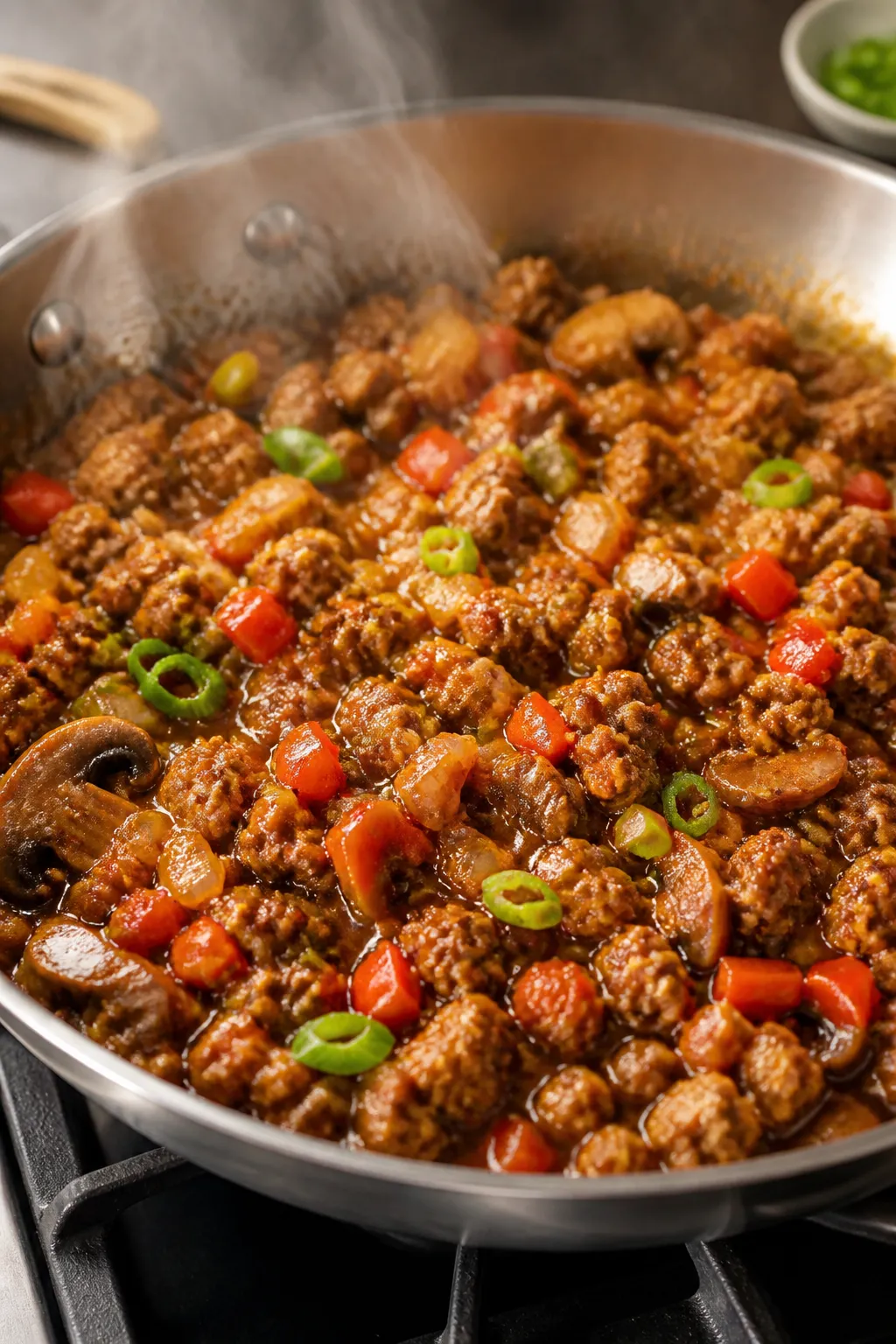 Cooking process close-up: Ground chicken browning in a wide stainless skillet, mixed with softened d