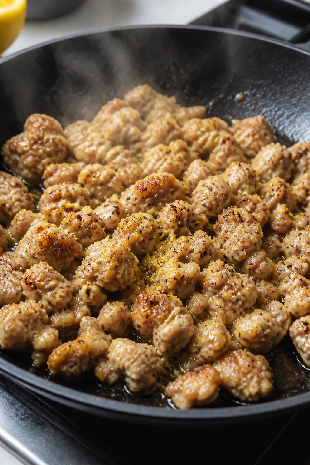 Cooking process close-up: Ground chicken crumbles searing in a hot skillet until golden with crispy 