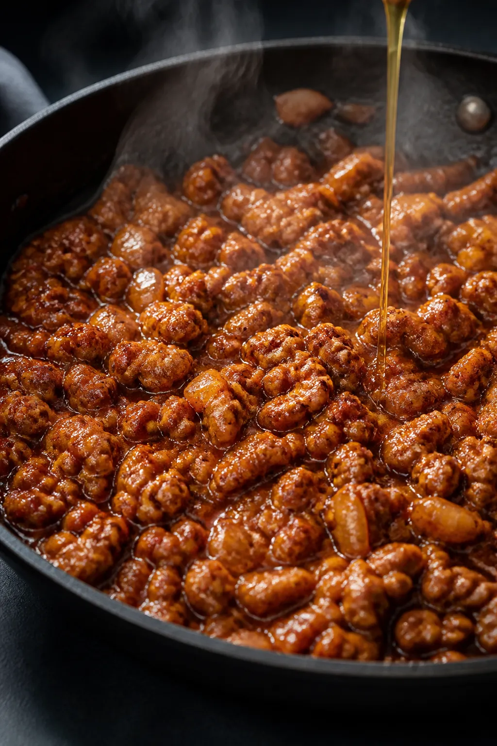 Cooking process close-up: Ground chicken simmering in a glossy gochujang-soy-garlic-ginger sauce in 