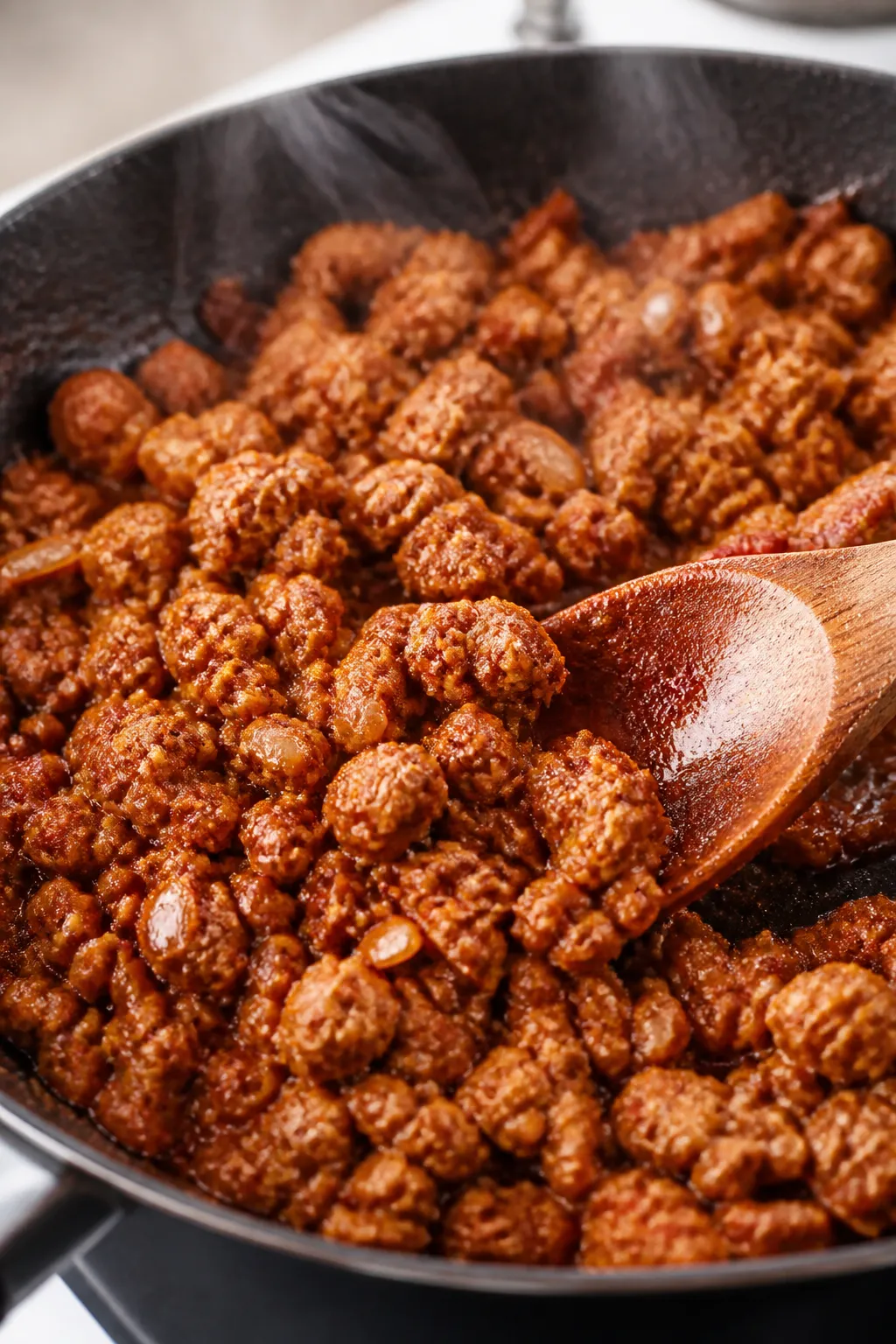 Cooking process close-up: Ground chicken sizzling in a skillet, coated in deep red taco seasoning an