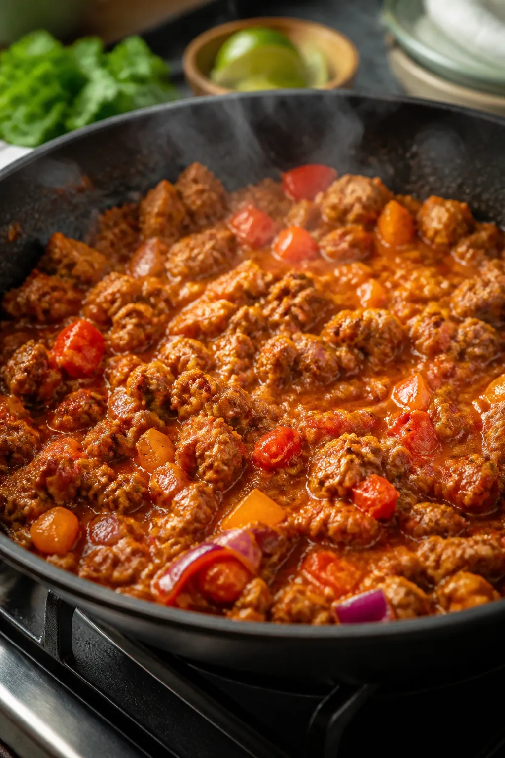 Cooking process close-up: Ground chicken sizzling in a wide skillet, coated in a glossy, brick-red s