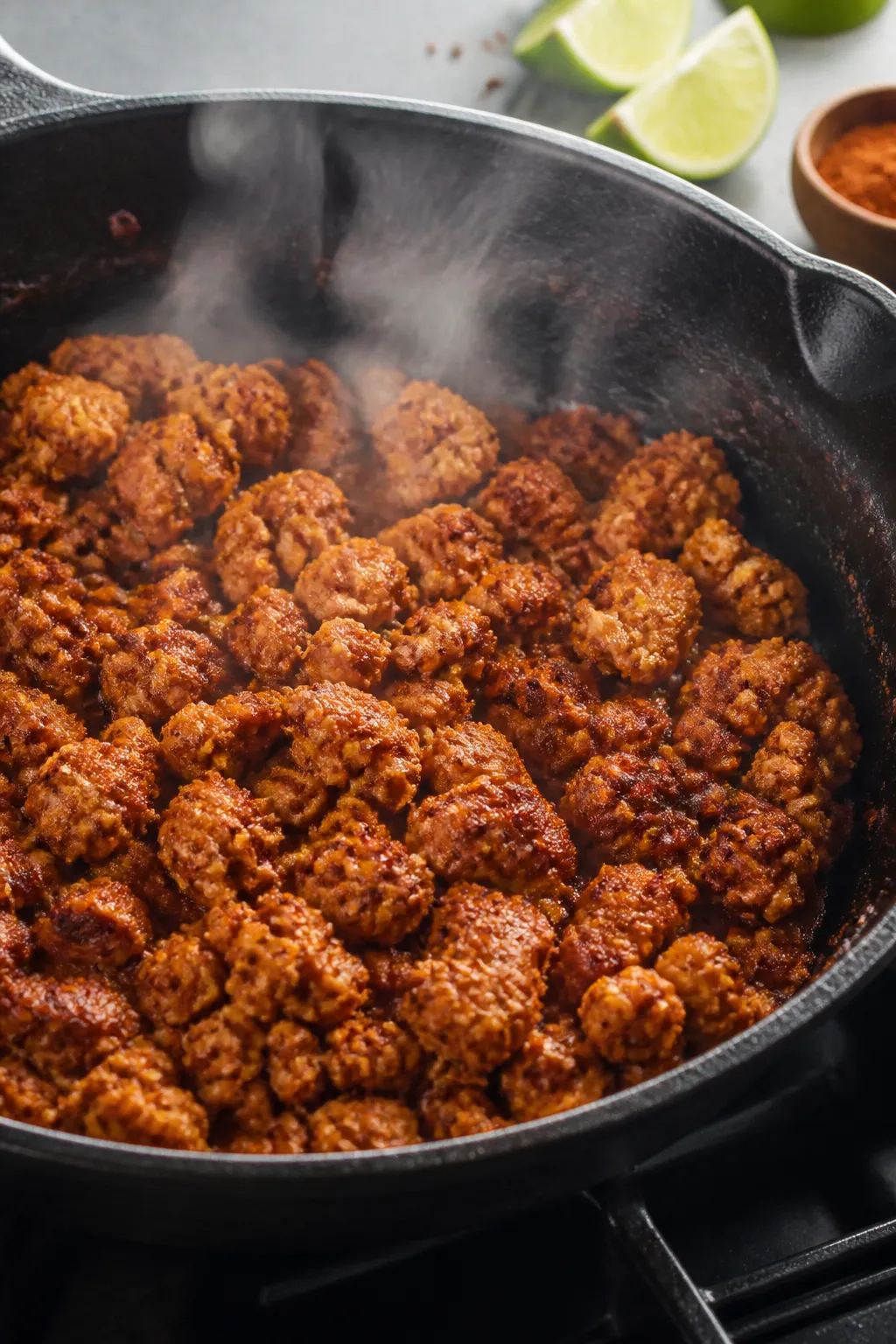 Cooking process close-up: Ground chicken sizzling in a cast-iron skillet, crumbled and lightly caram