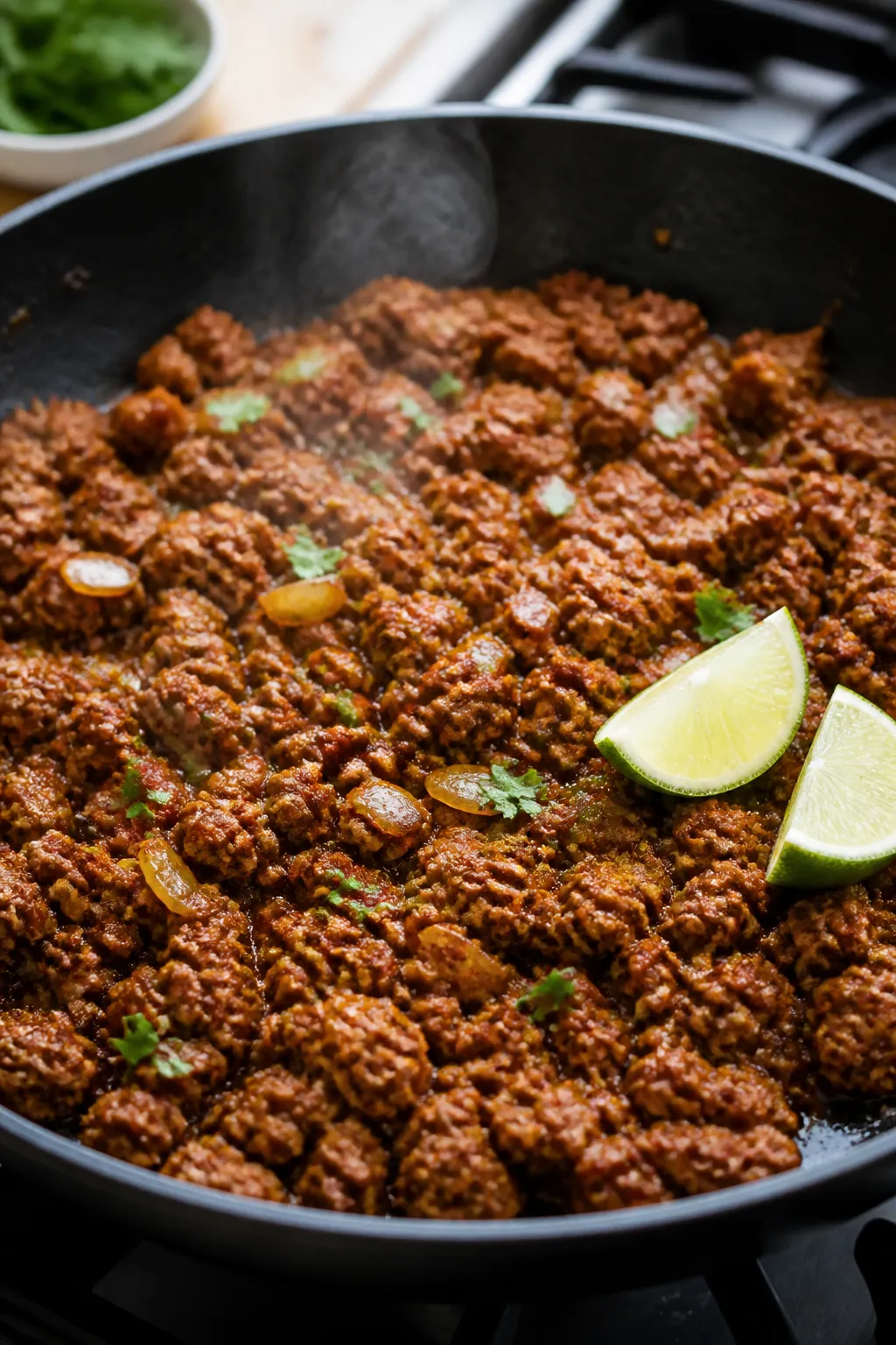 Cooking process close-up: Ground chicken taco filling sizzling in a wide skillet, showing browned cr