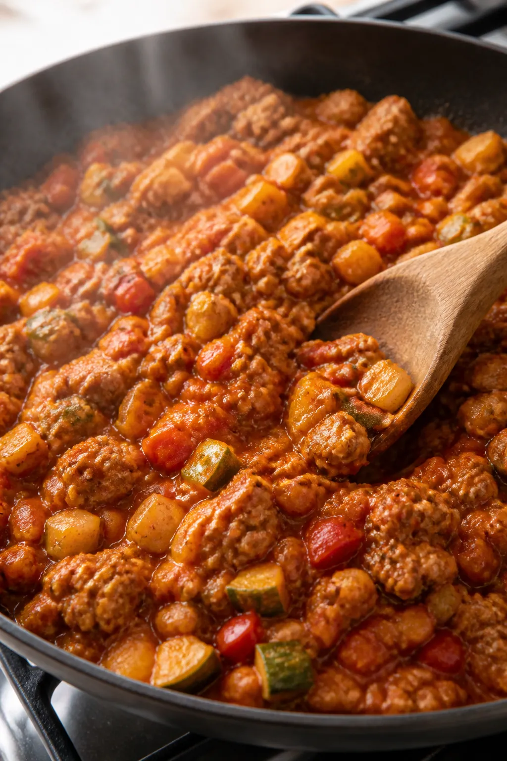 Cooking process close-up: Ground chicken zucchini boat filling simmering in a skillet — crumbled, 