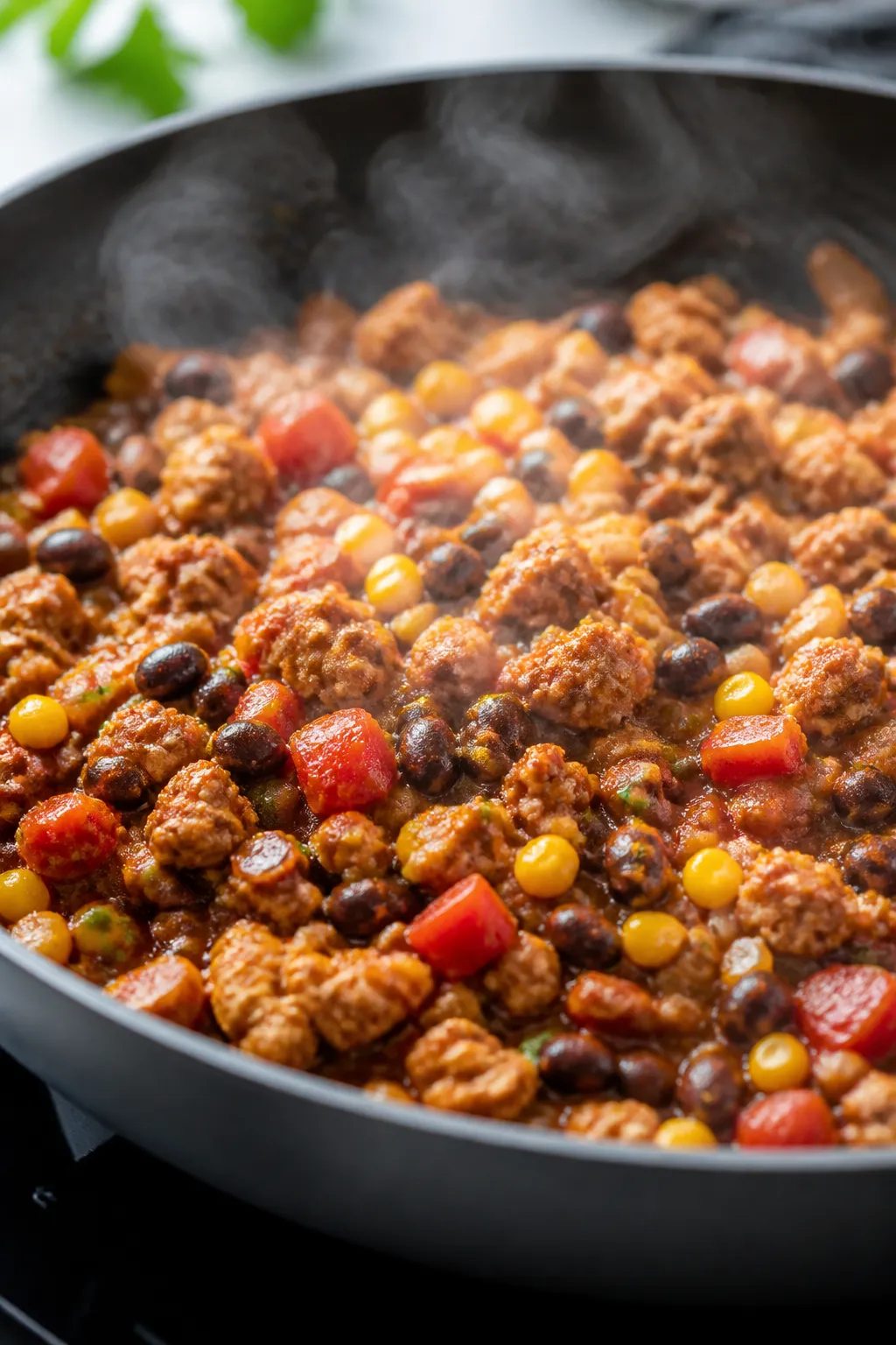 Cooking process close-up: Ground turkey taco filling sizzling in a wide skillet, minced onion and ga
