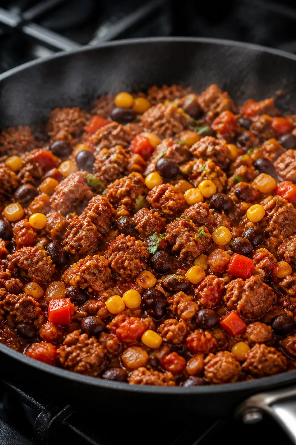 Cooking process close-up: In-skillet ground chicken taco filling simmering after browning, showing g