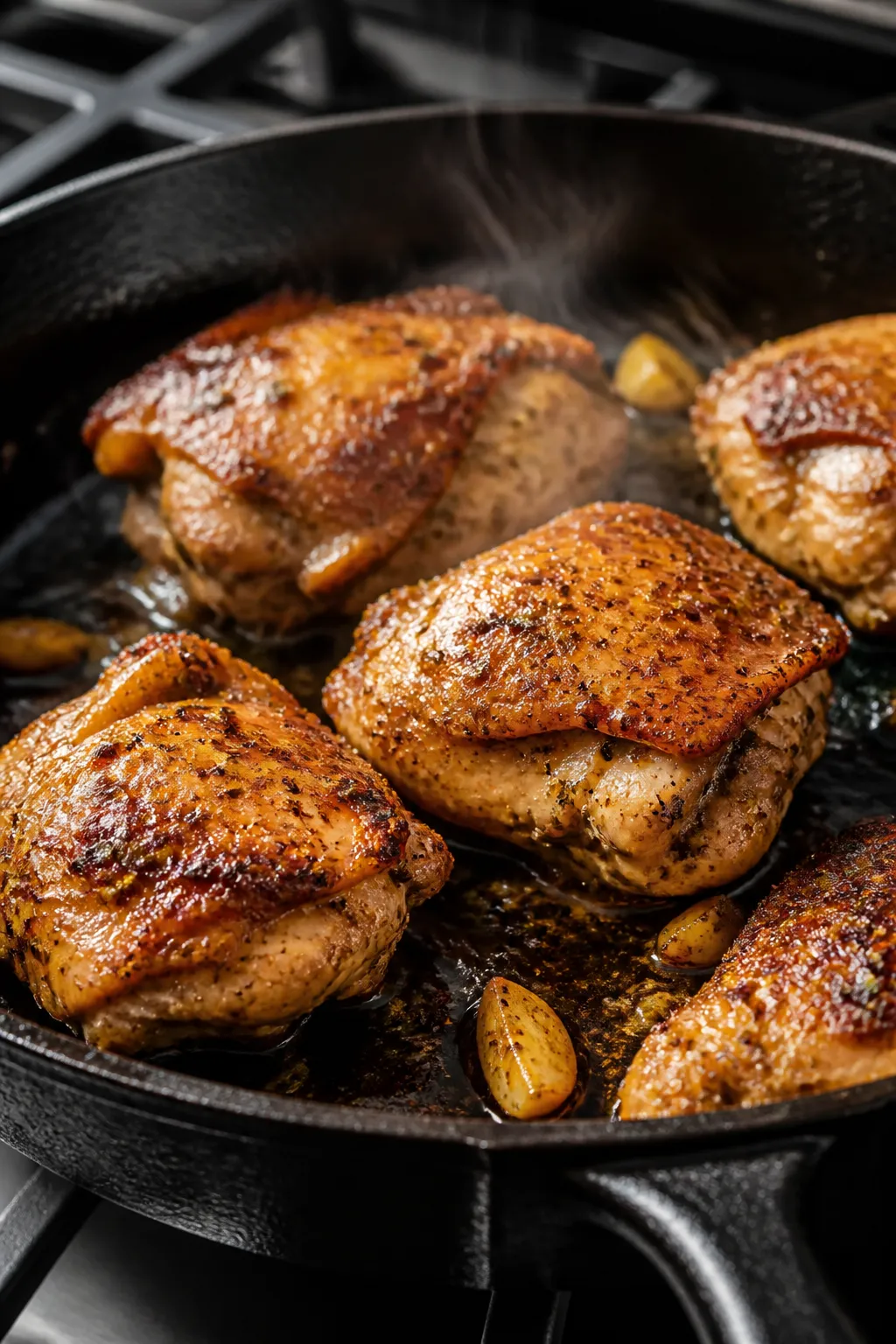 Cooking process, close-up: Juicy lemon-oregano chicken thighs searing in a lightly oiled cast-iron s