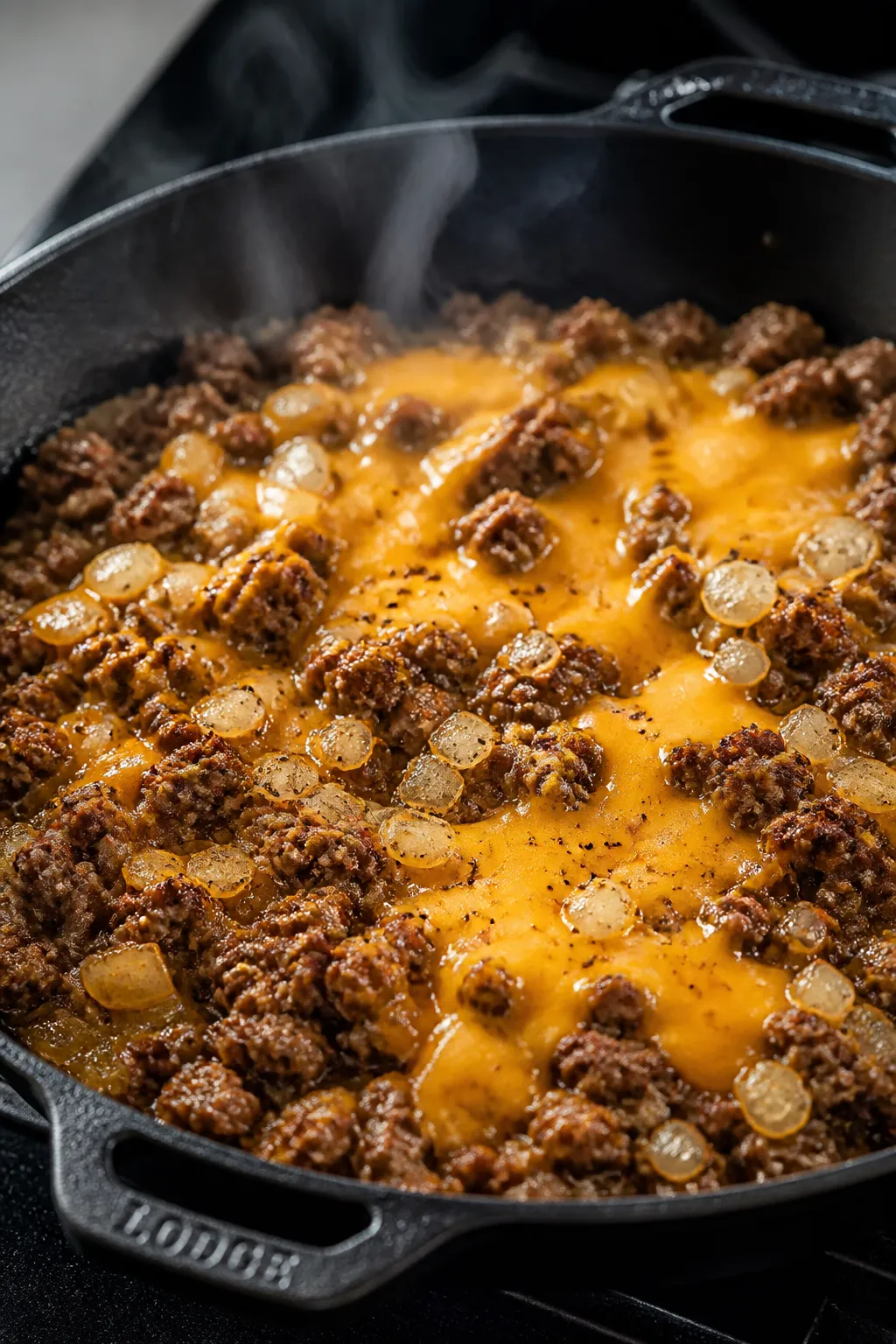 Cooking process close-up: Juicy seasoned lean ground beef sizzling in a skillet after browning, with