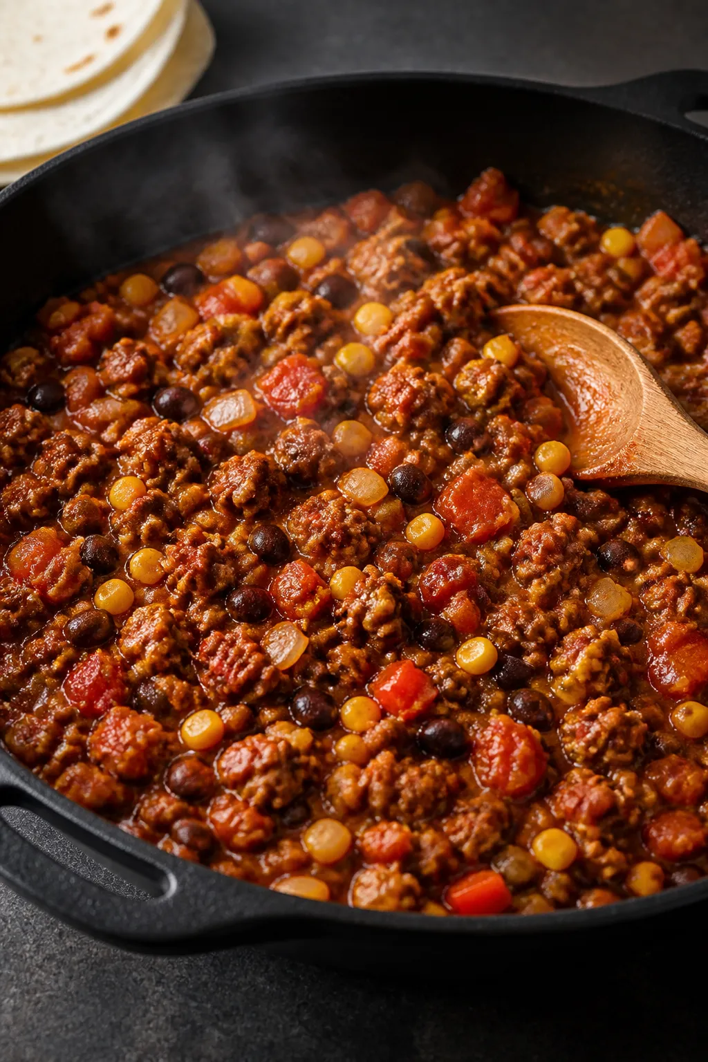Cooking process close-up: Lean ground beef casserole filling simmering in a wide skillet, showing br