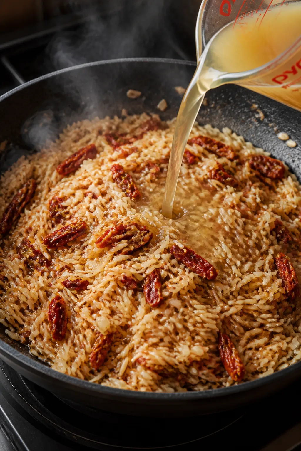 Cooking process — Close-up of toasted long-grain white rice simmering in a deep skillet with sun-d