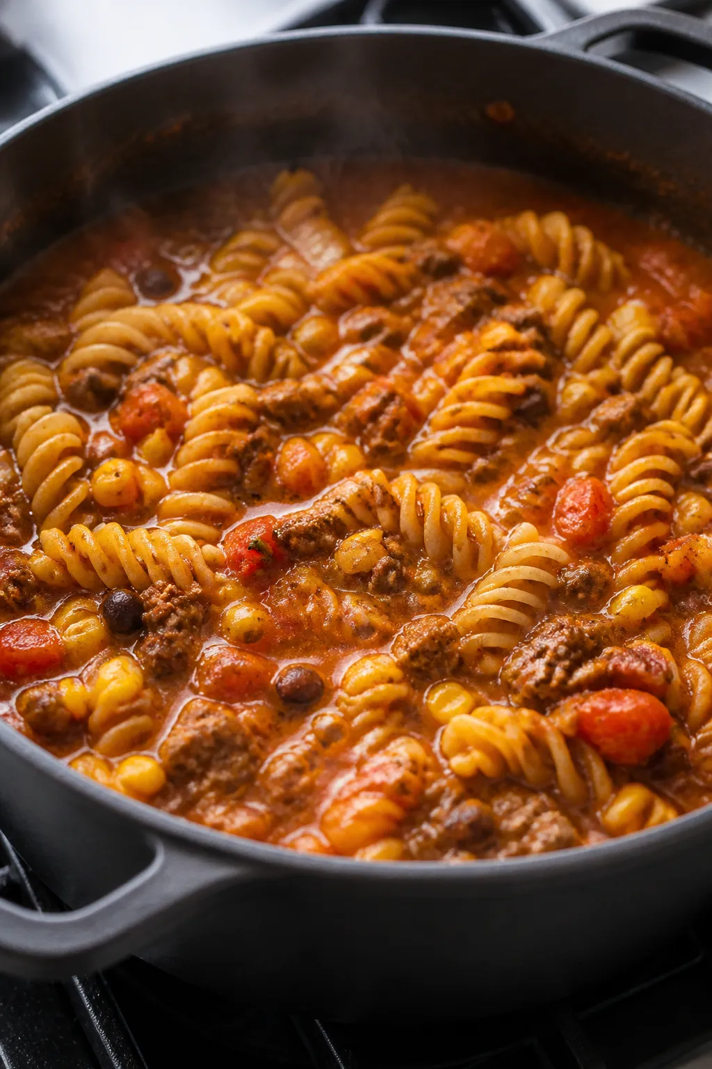 Cooking process close-up: One-pot taco pasta simmering in a matte black Dutch oven, rotini just subm