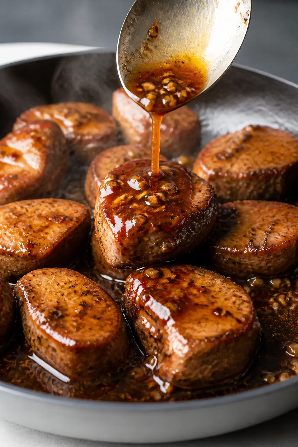 Cooking process, close-up: Pork tenderloin medallions just sliced and returned to a warm skillet wit