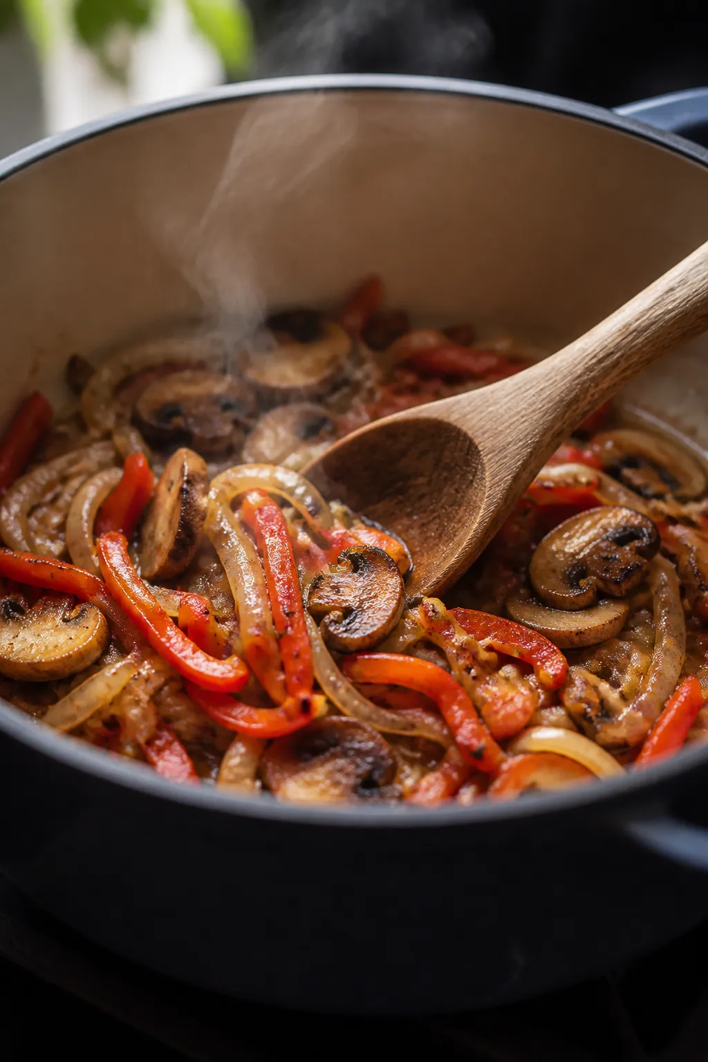 Cooking process close-up: Sautéed aromatics and veggies in a wide, heavy pot over medium heat—oni