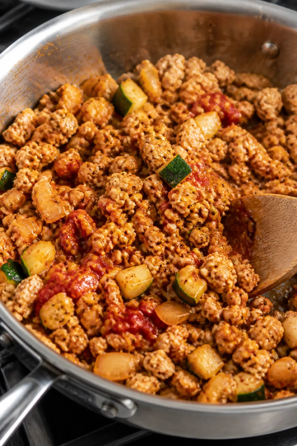 Cooking process close-up: Sautéed filling for ground chicken stuffed peppers sizzling in a stainles