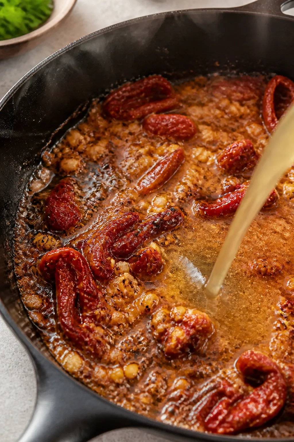 Cooking process, close-up: Sautéed sun-dried tomatoes and minced garlic sizzling in a wide skillet 