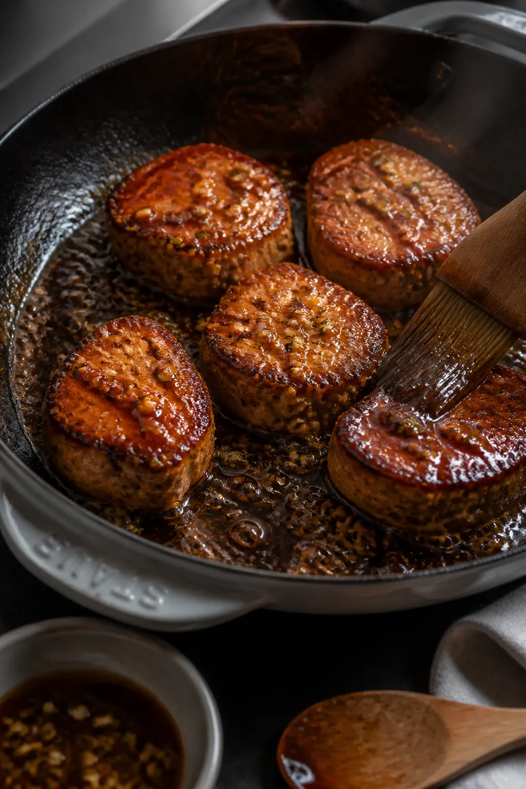 Cooking process close-up: Searing pork tenderloin medallions in an oven-safe skillet, edges deeply b