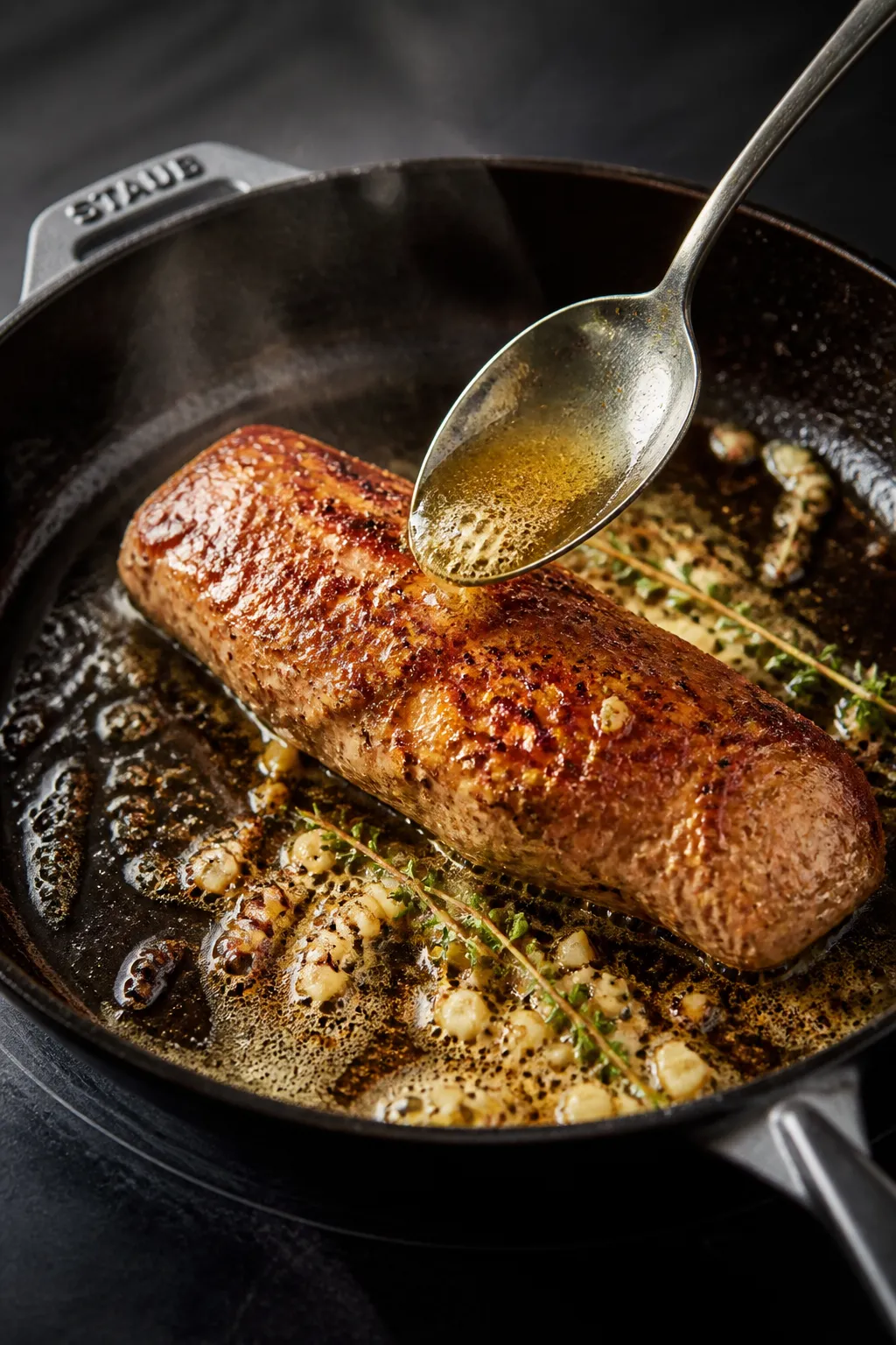 Cooking process close-up: Searing pork tenderloin in an oven-safe skillet, golden-brown crust formin