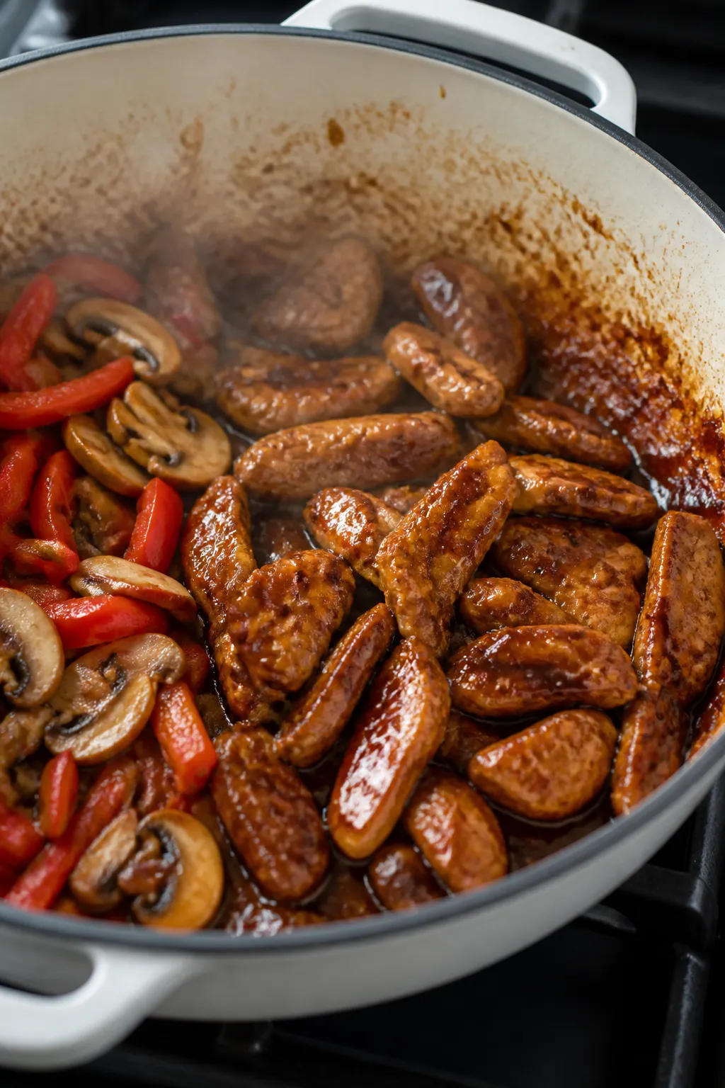 Cooking process close-up: Searing thinly sliced teriyaki chicken in a Dutch oven, golden-brown edges
