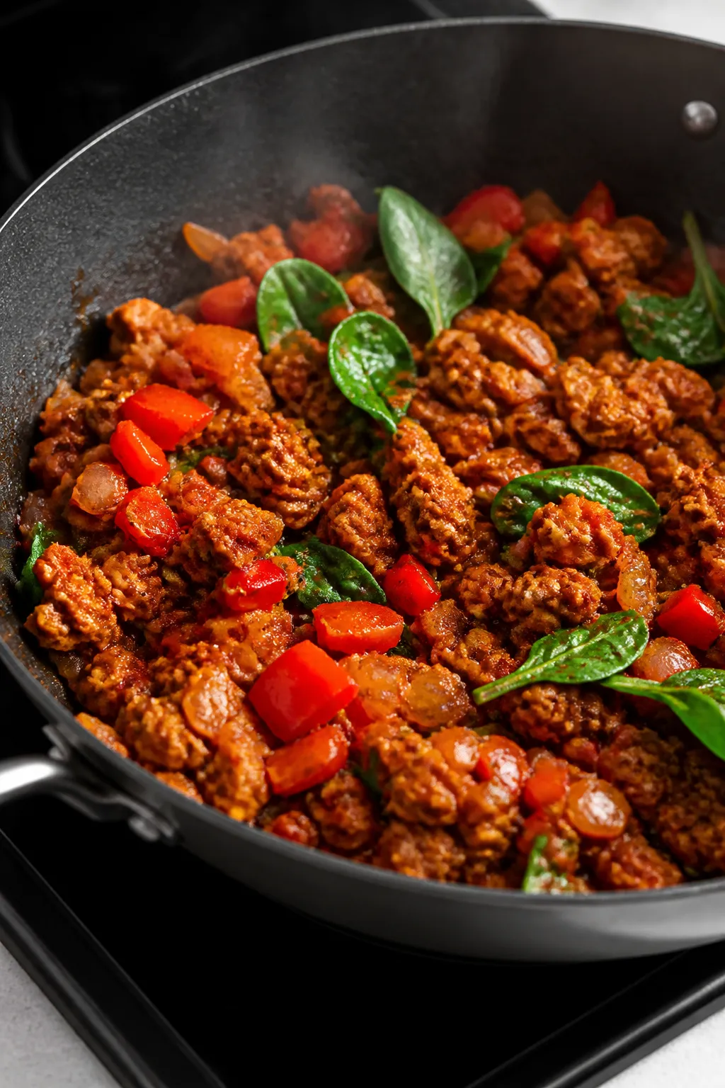 Cooking process close-up: Seasoned ground chicken sizzling in a large skillet with diced yellow onio