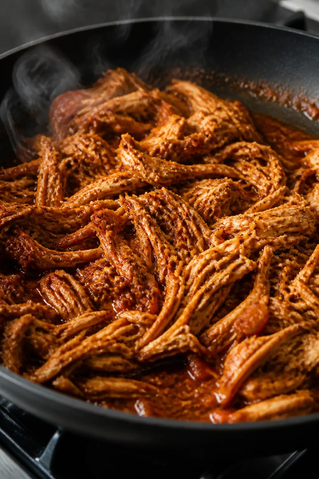 Cooking process close-up: Shredded rotisserie chicken tossed in a skillet with blooming chili powder