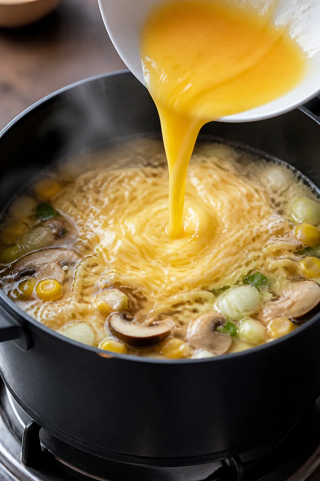 Cooking process close-up: Silky egg ribbons streaming into a gently swirling ginger-garlic broth wit