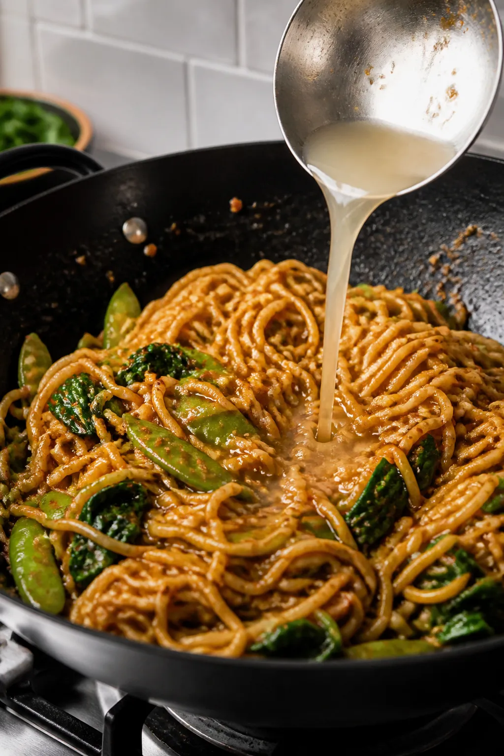 Cooking process close-up: Silky peanut sauce being tossed with steaming just-cooked ramen in a matte