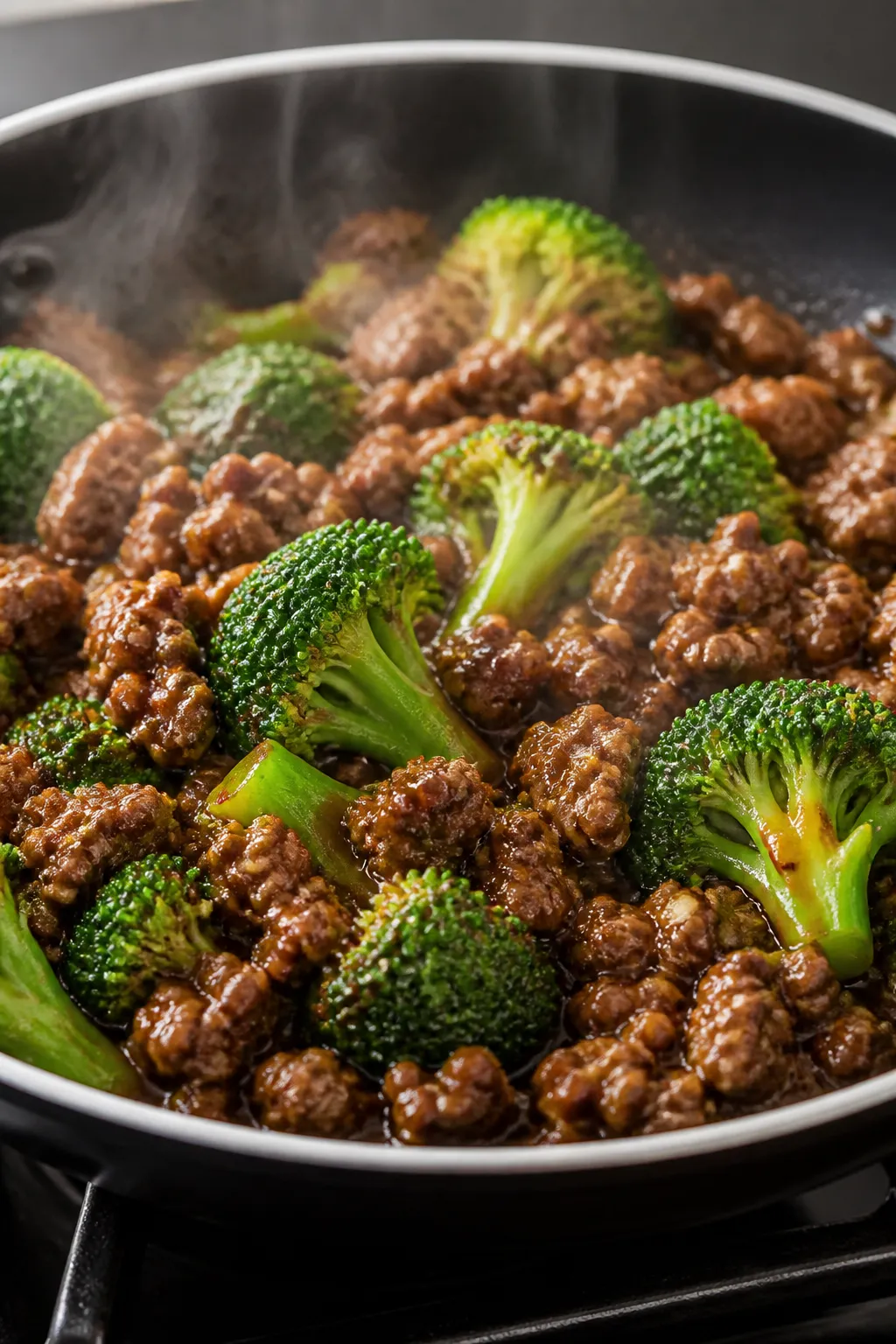 Cooking process, close-up: Sizzling ground beef and broccoli in a wide skillet over medium-high heat