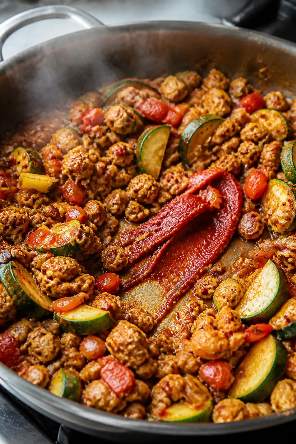 Cooking process, close-up: Sizzling ground chicken and sautéed zucchini half-moons in a large stain