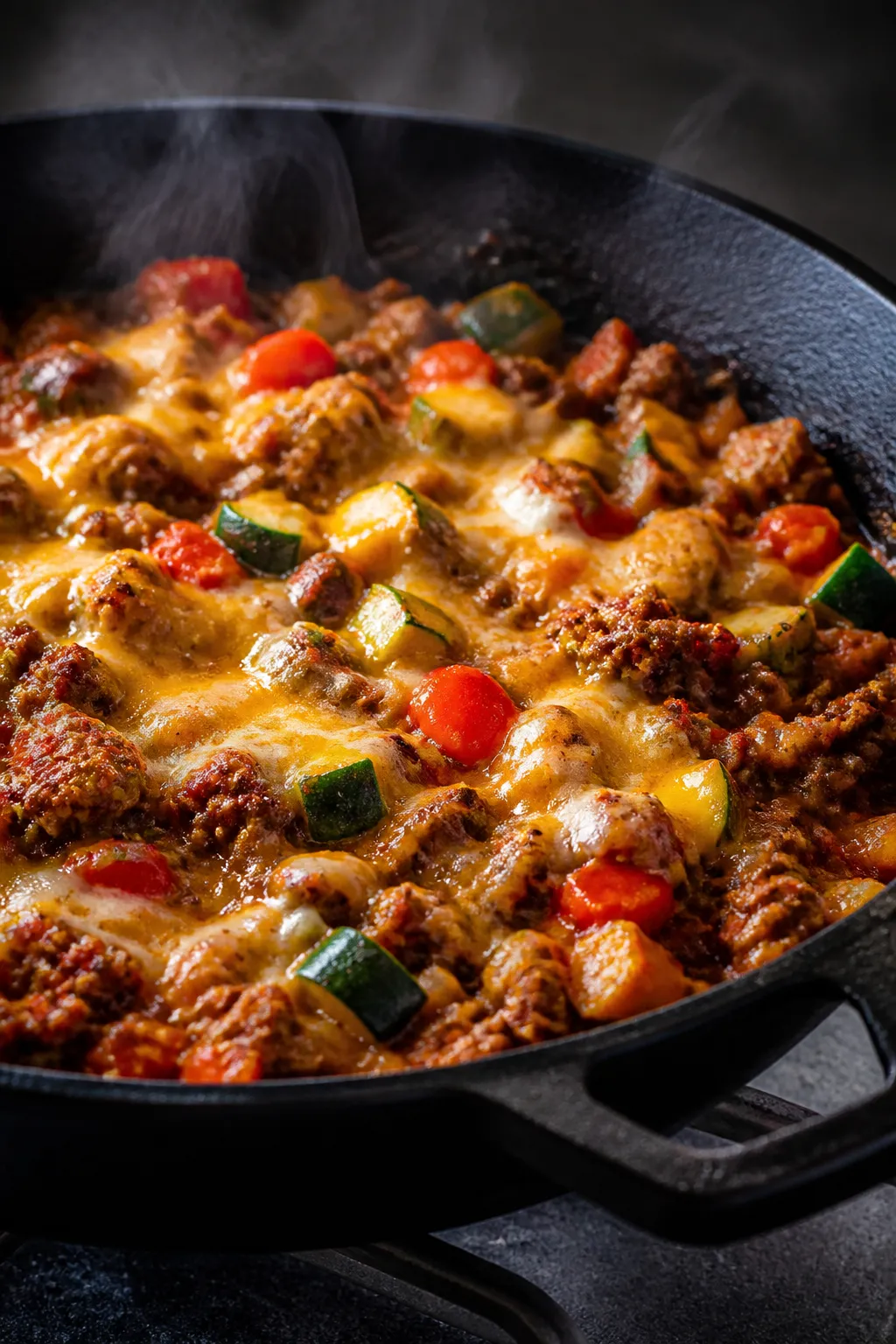 Cooking process, close-up: Sizzling healthy cheeseburger skillet mid-cook in a black cast-iron pan o
