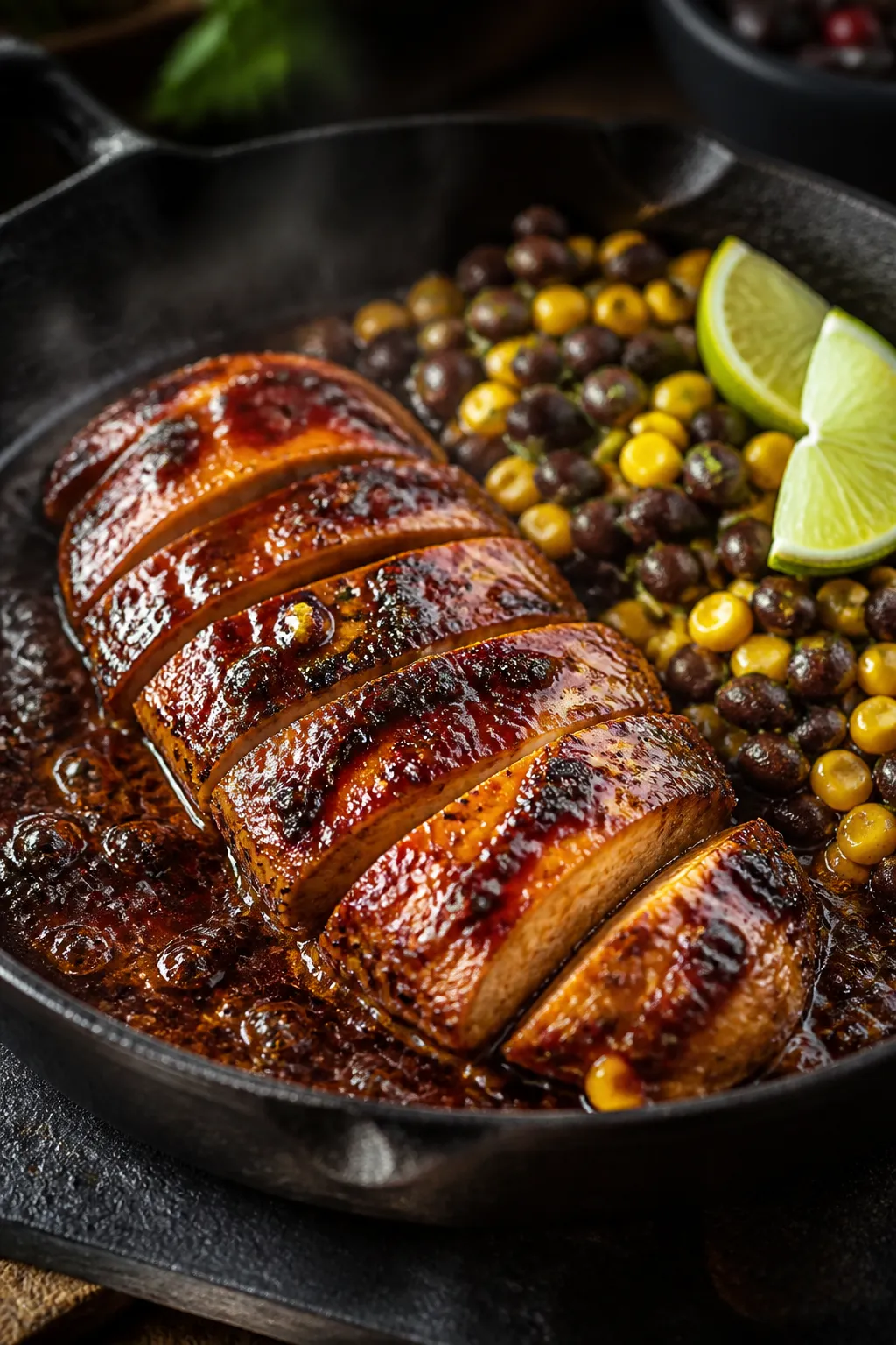 Cooking process close-up: Sliced BBQ-glossed chicken breasts searing in a cast-iron skillet over low