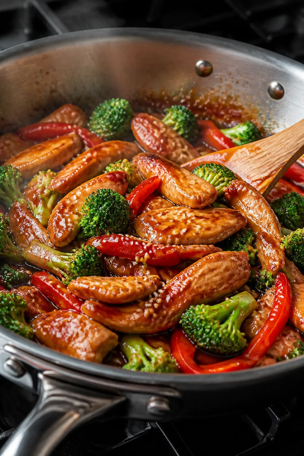 Cooking process close-up: Sliced chicken searing in a wide stainless skillet, pieces lightly browned