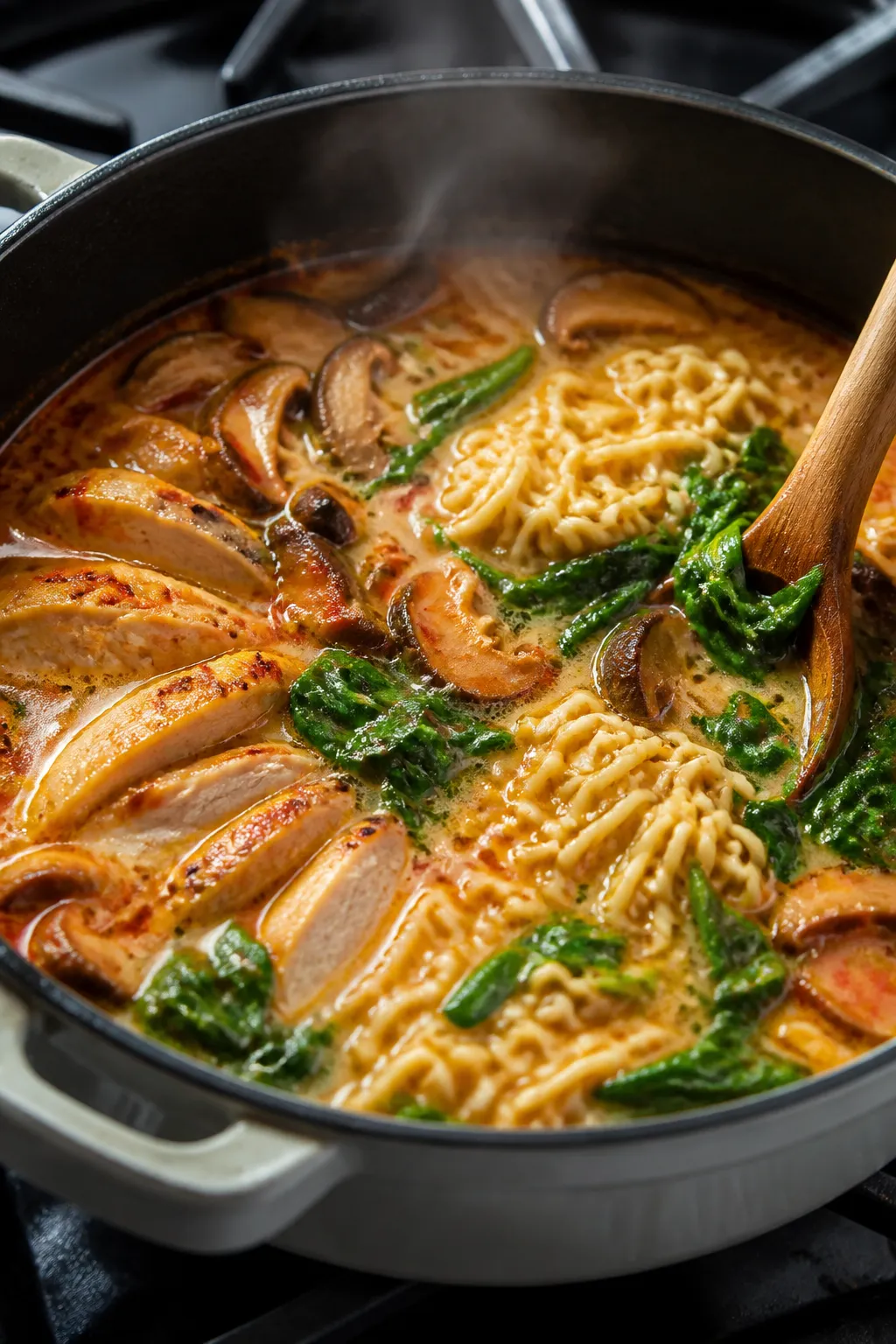 Cooking process, close-up: Sriracha chicken ramen broth simmering in a wide, dark enamel pot, showin