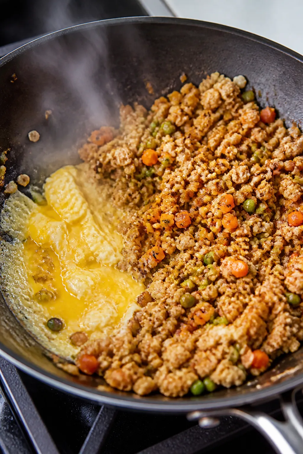 Cooking process – Ground chicken cauliflower fried “rice” sizzling in a well-seasoned wok over