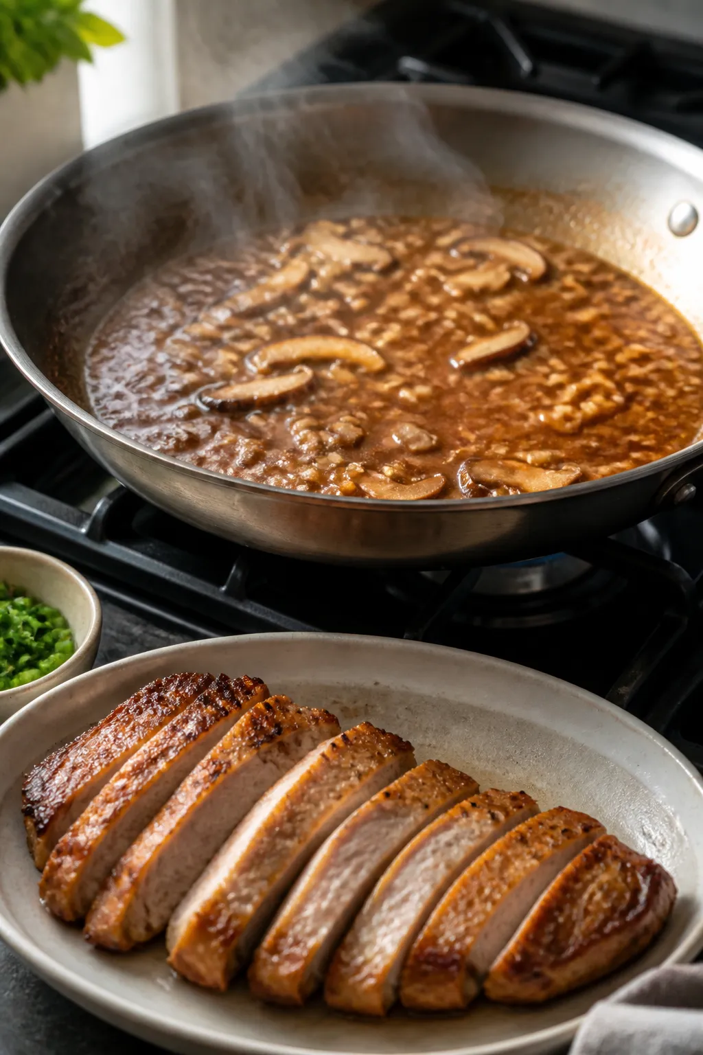 Cooking process, medium-close: Sliced, golden-browned pork chops resting on a plate while the same s