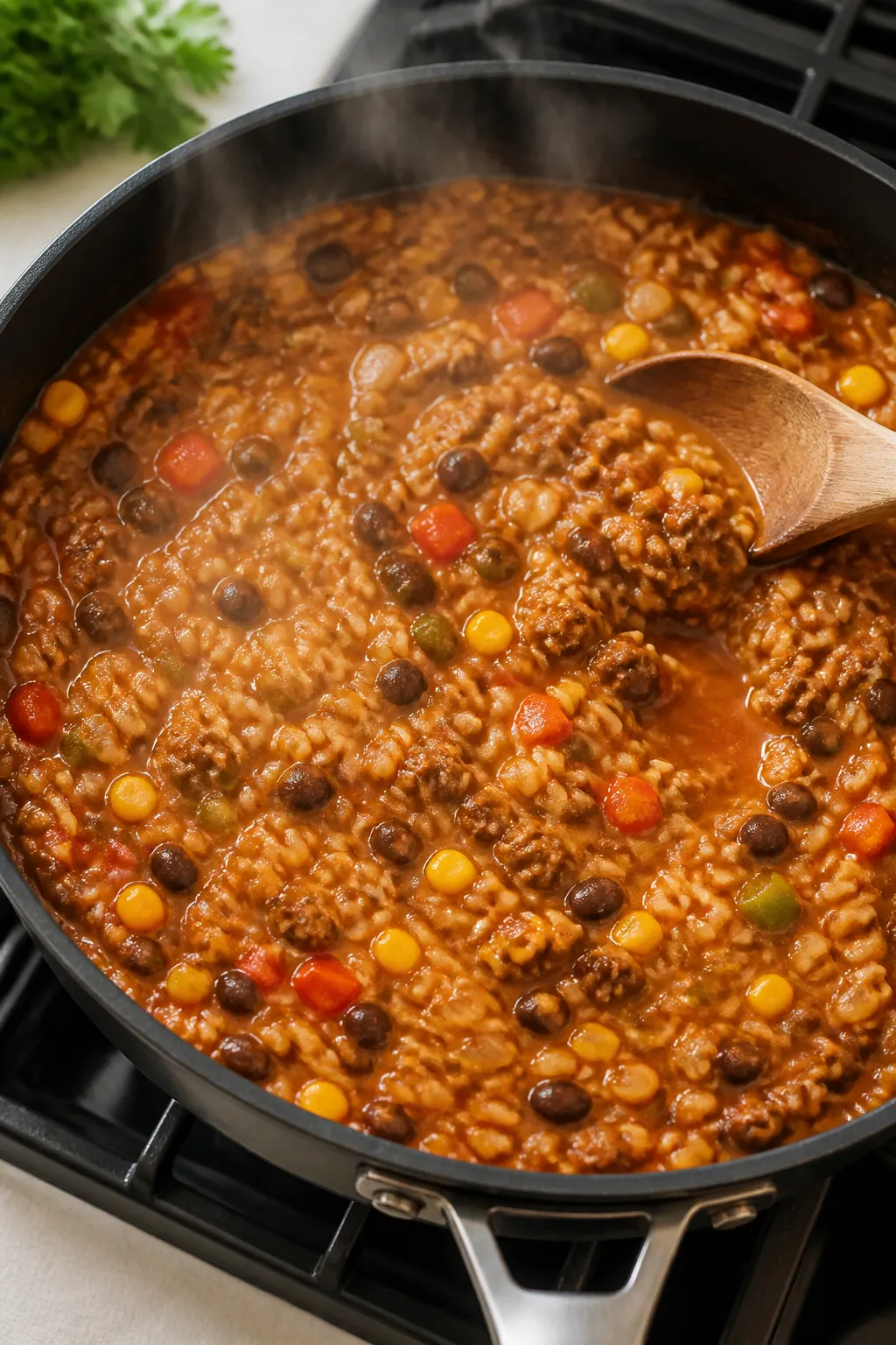 Cooking process: One-Pan Mexican Beef and Rice simmering stage in a wide 12-inch deep skillet—rice