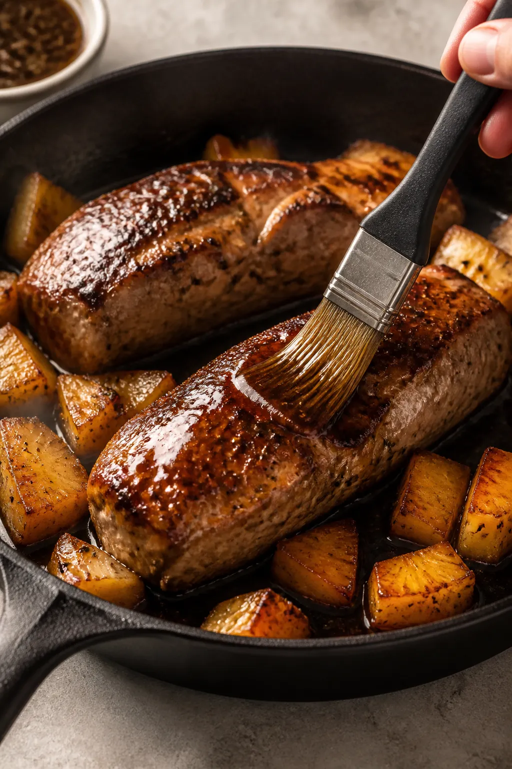 Cooking process: Oven-safe skillet scene with seared pork tenderloins nestled among caramelized pine