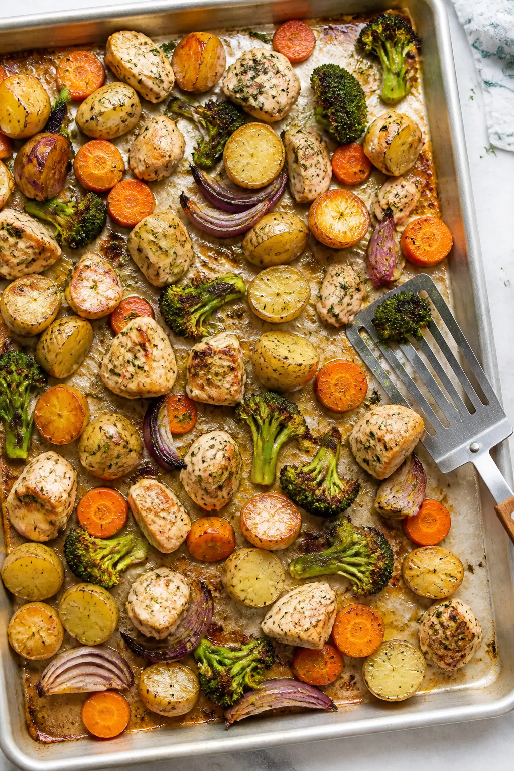 Cooking process, overhead: Sheet pan ranch chicken and veggies at the mid-roast flip, overhead shot 