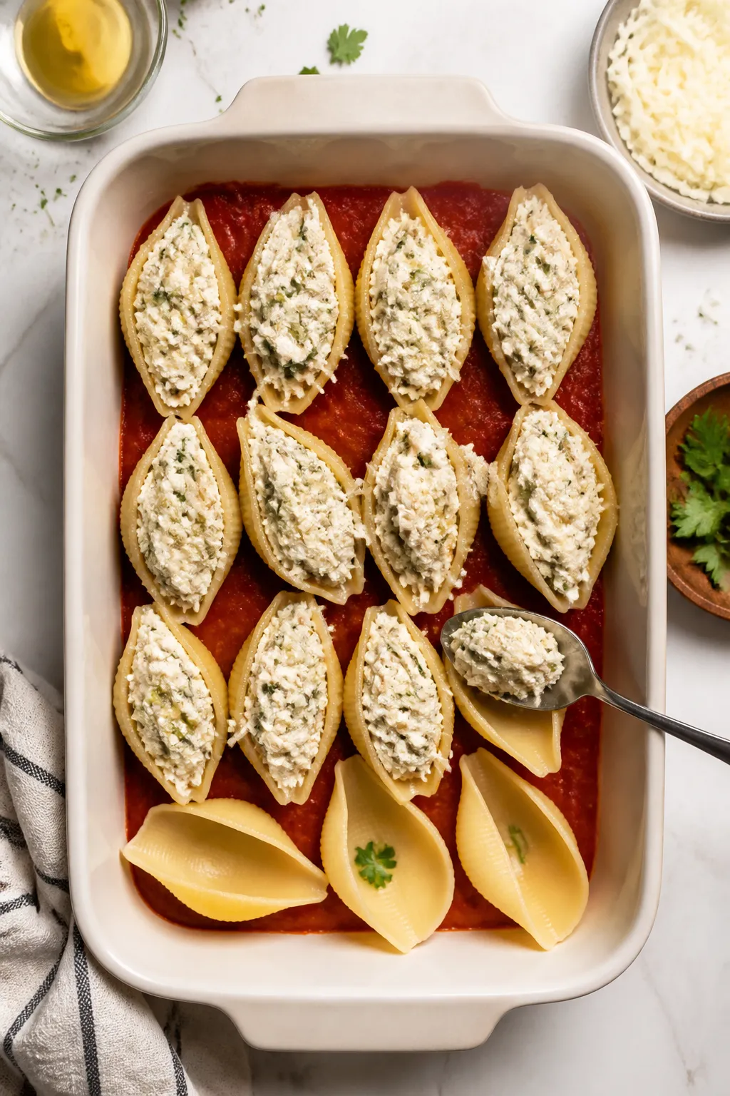 Cooking process: Overhead shot of a 9x13-inch baking dish mid-assembly—rows of par-cooked shells b