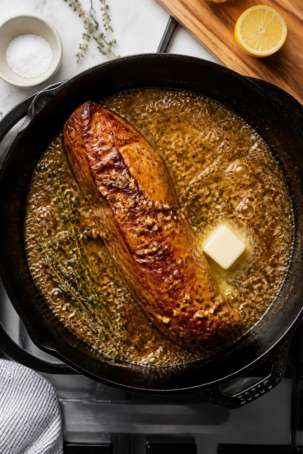 Cooking process: Overhead shot of a cast-iron skillet on the stovetop with the seared pork tenderloi