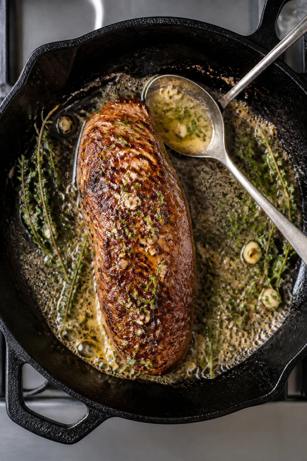 Cooking process: Overhead shot of a cast-iron skillet just after stovetop basting, pork tenderloin s