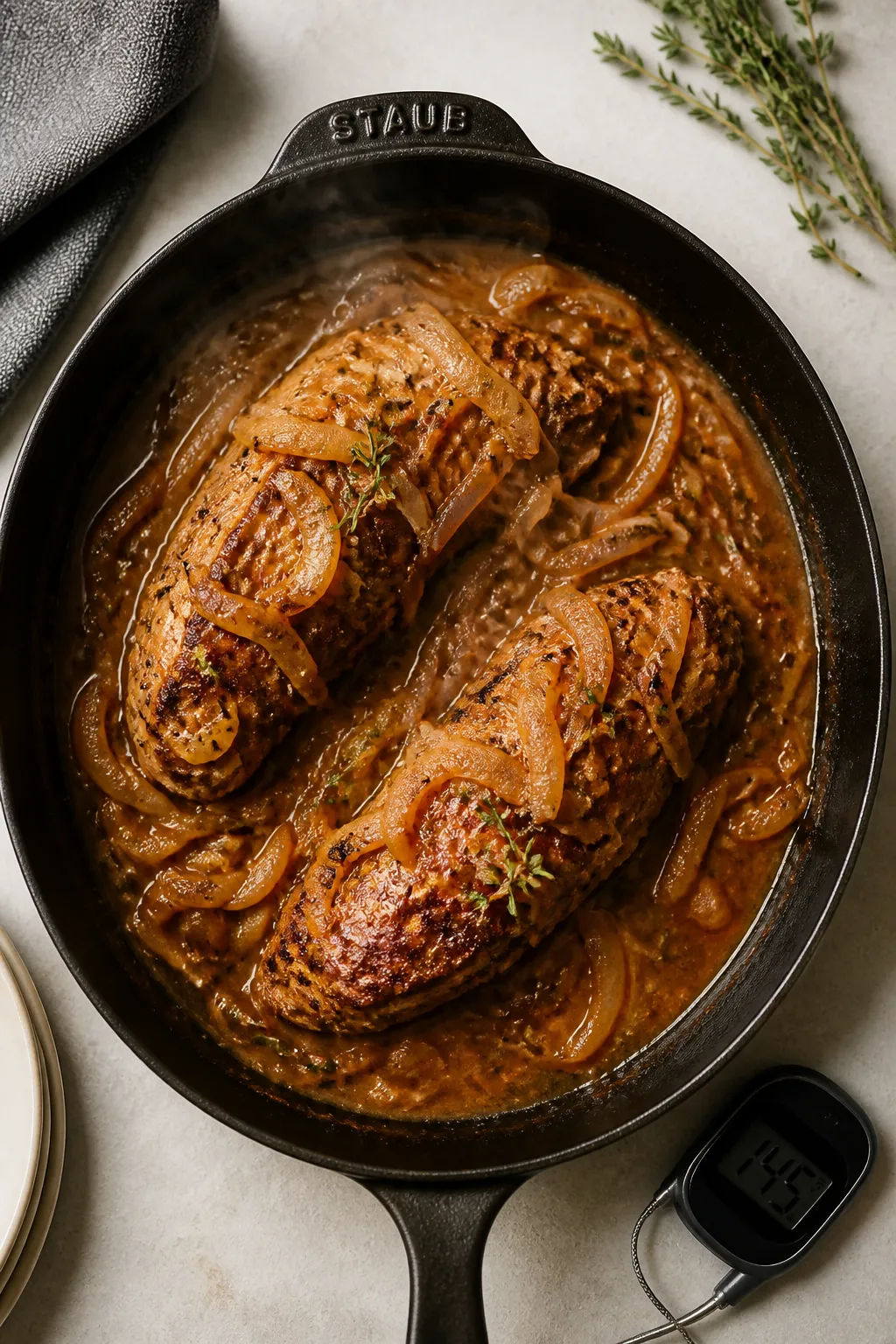 Cooking process: Overhead shot of an oven-safe skillet just out of the oven, showing seared pork ten
